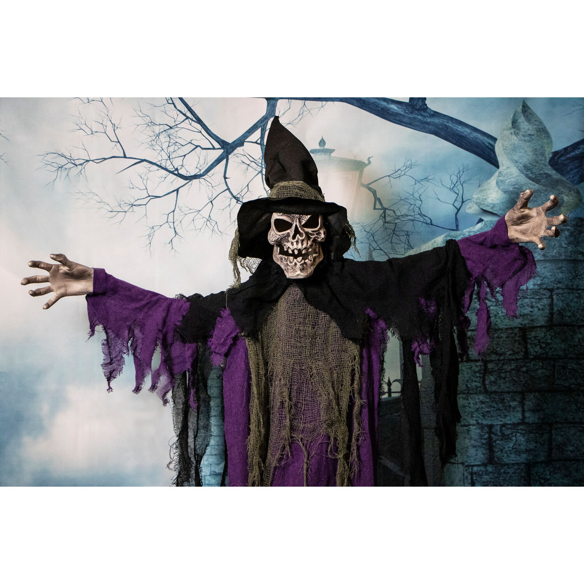Haunted Hill Farm Myrtle the Skeleton Witch with 6-Function Multi-Color Light, Indoor or Covered Outdoor Halloween Decoration, Battery-Operated