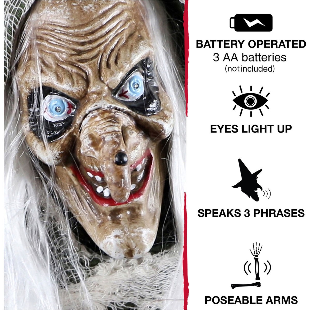 Haunted Hill Farm Sage the Evil Talking Witch Animatronic, Indoor or Covered Outdoor Halloween Decoration, Battery-Operated