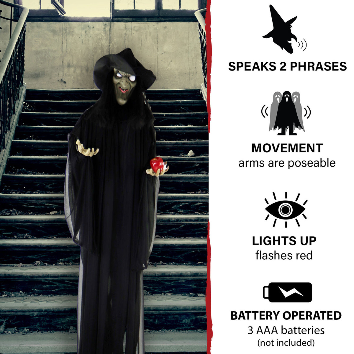 Haunted Hill Farm Life-Size Animatronic Witch, Indoor/Outdoor Halloween Decoration, Flashing Red Eyes, Poseable, Battery-Operated