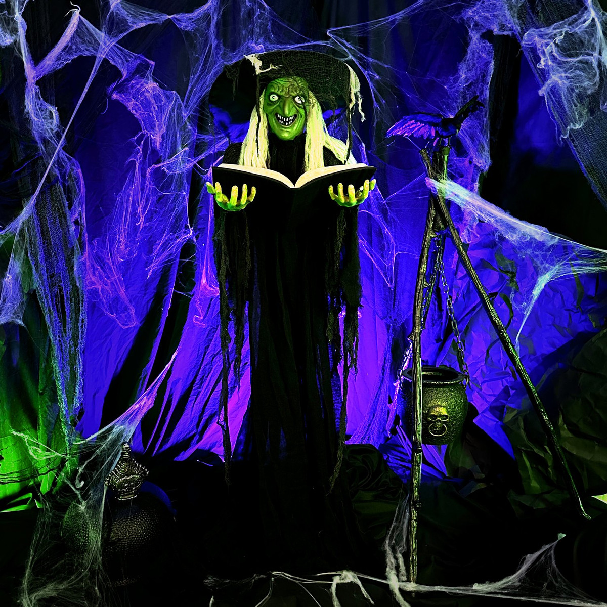 5.8-Ft. Poseable Witch with Spell Book, Lights and Sound, Indoor/Covered Outdoor Halloween Decoration