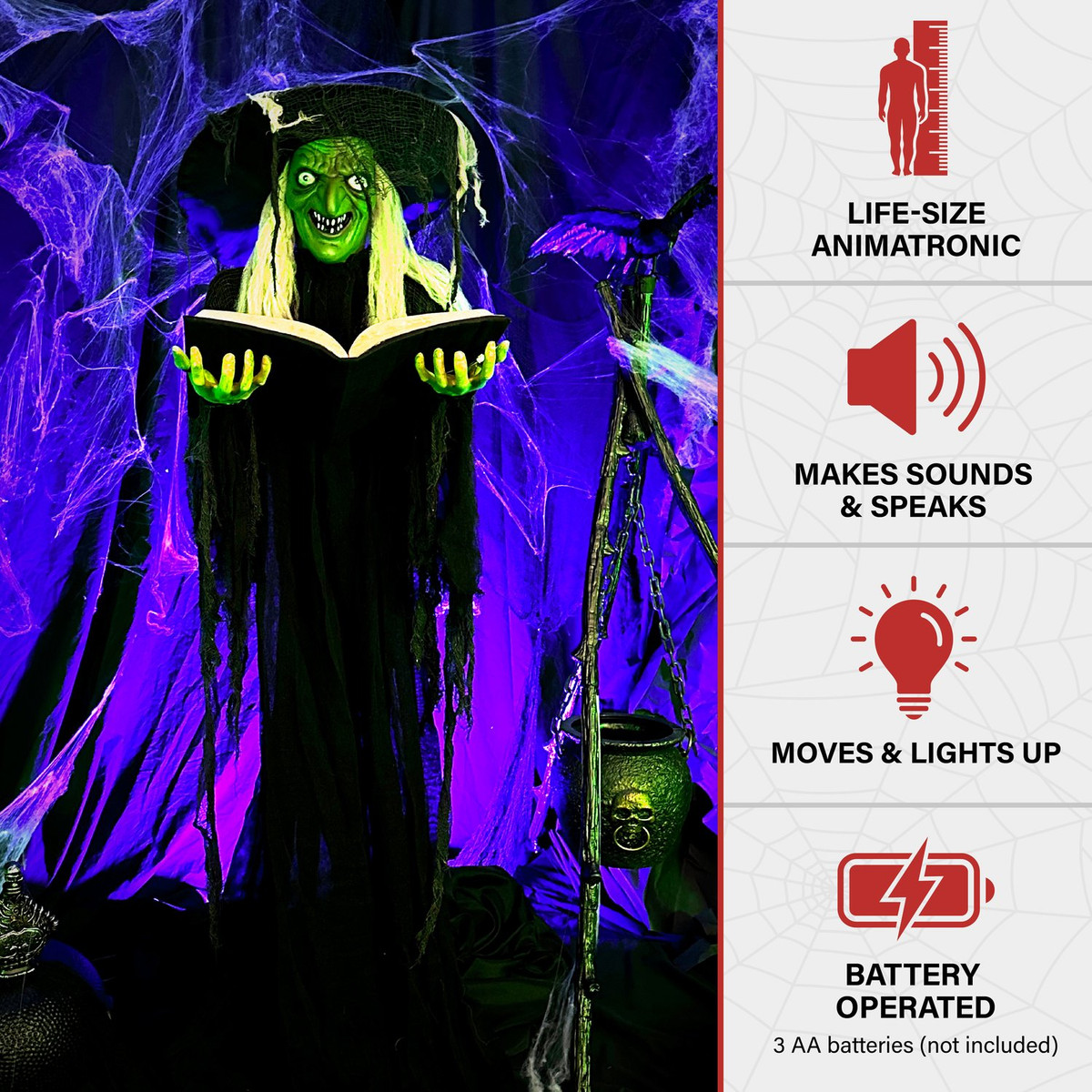 5.8-Ft. Poseable Witch with Spell Book, Lights and Sound, Indoor/Covered Outdoor Halloween Decoration