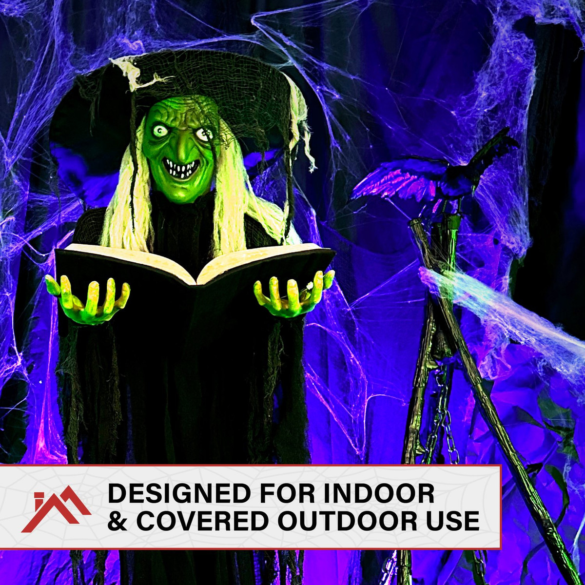 5.8-Ft. Poseable Witch with Spell Book, Lights and Sound, Indoor/Covered Outdoor Halloween Decoration
