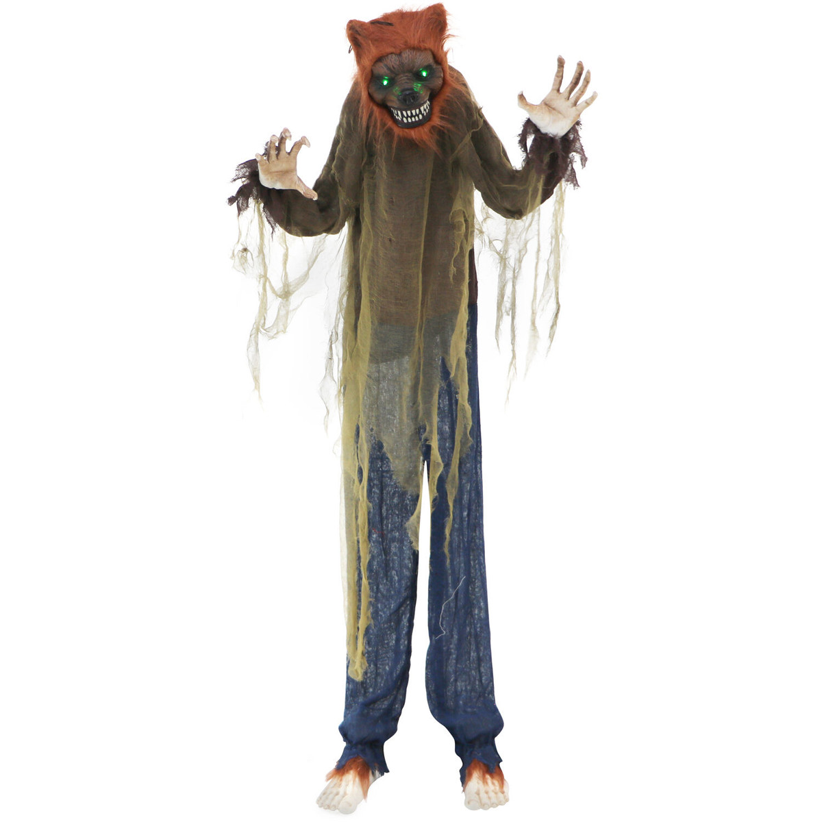 Haunted Hill Farm 5.2-ft. Standing Wolf, Indoor/Covered Outdoor Halloween Decoration, LED Green Eyes, Poseable, Battery-Operated, Howler