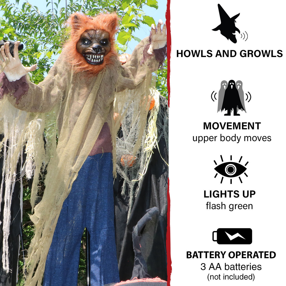 Haunted Hill Farm 5.2-ft. Standing Wolf, Indoor/Covered Outdoor Halloween Decoration, LED Green Eyes, Poseable, Battery-Operated, Howler