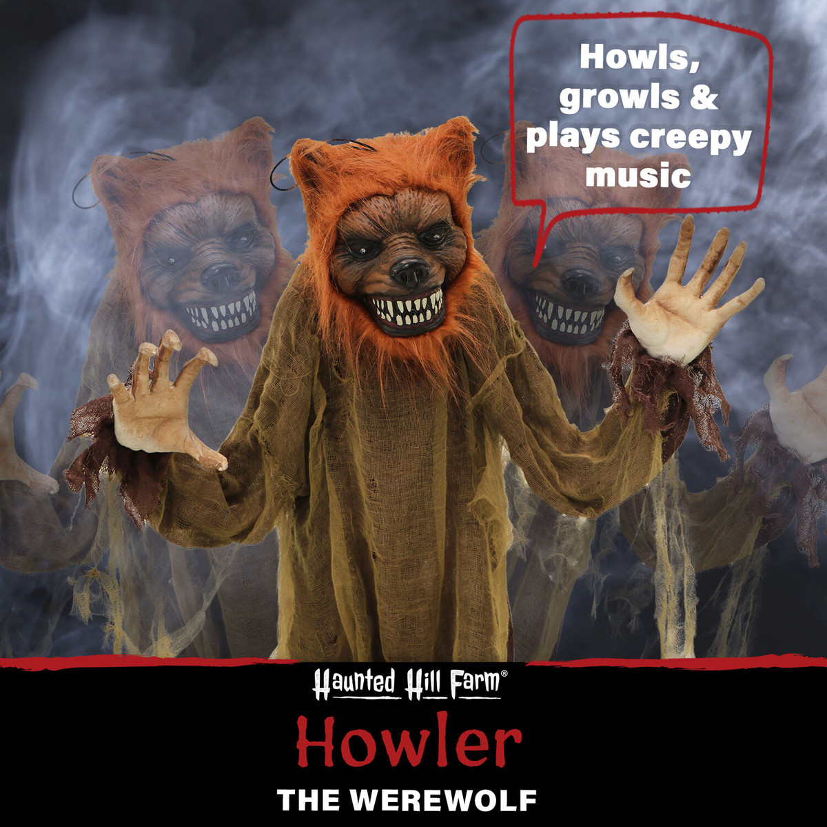 Haunted Hill Farm 5.2-ft. Standing Wolf, Indoor/Covered Outdoor Halloween Decoration, LED Green Eyes, Poseable, Battery-Operated, Howler