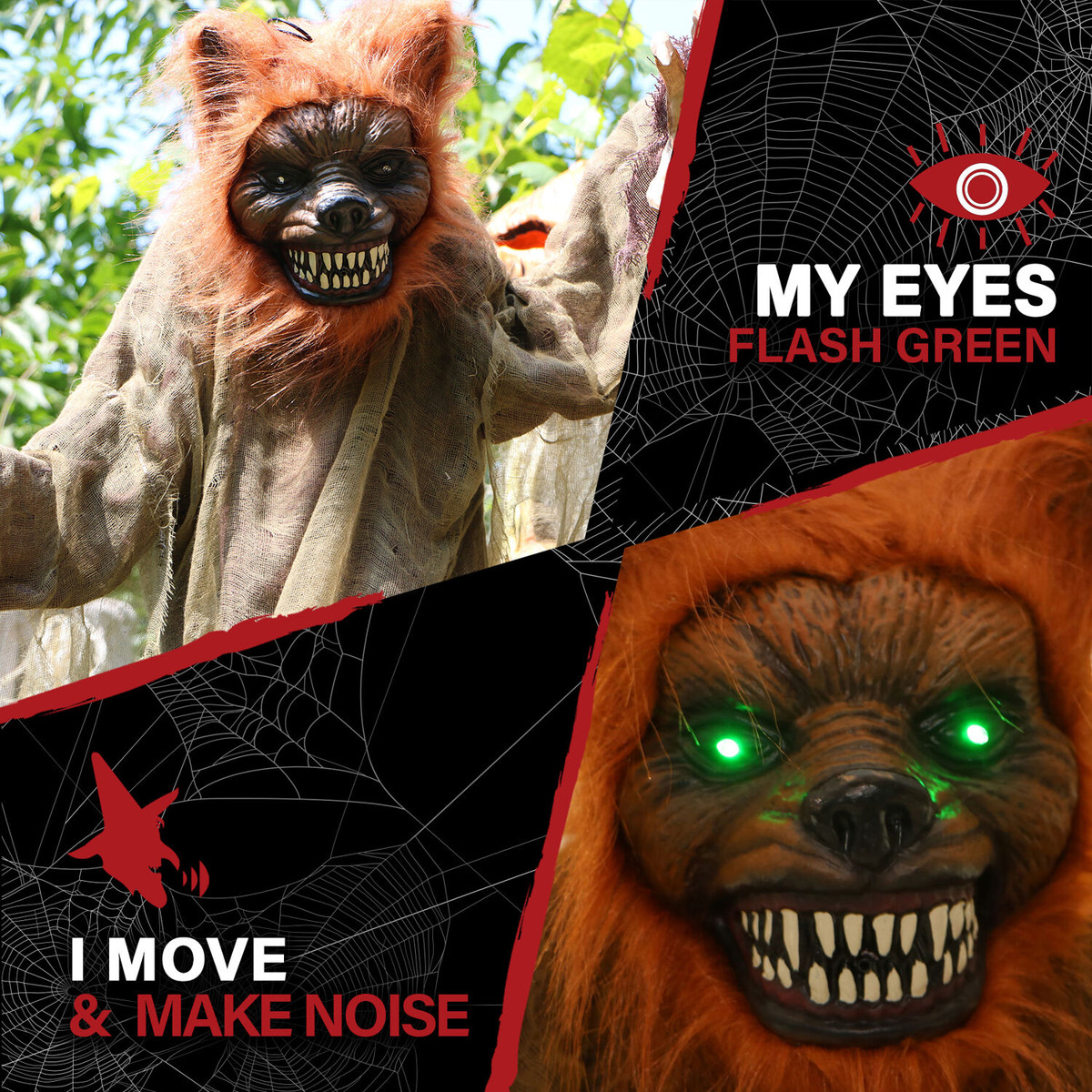 Haunted Hill Farm 5.2-ft. Standing Wolf, Indoor/Covered Outdoor Halloween Decoration, LED Green Eyes, Poseable, Battery-Operated, Howler