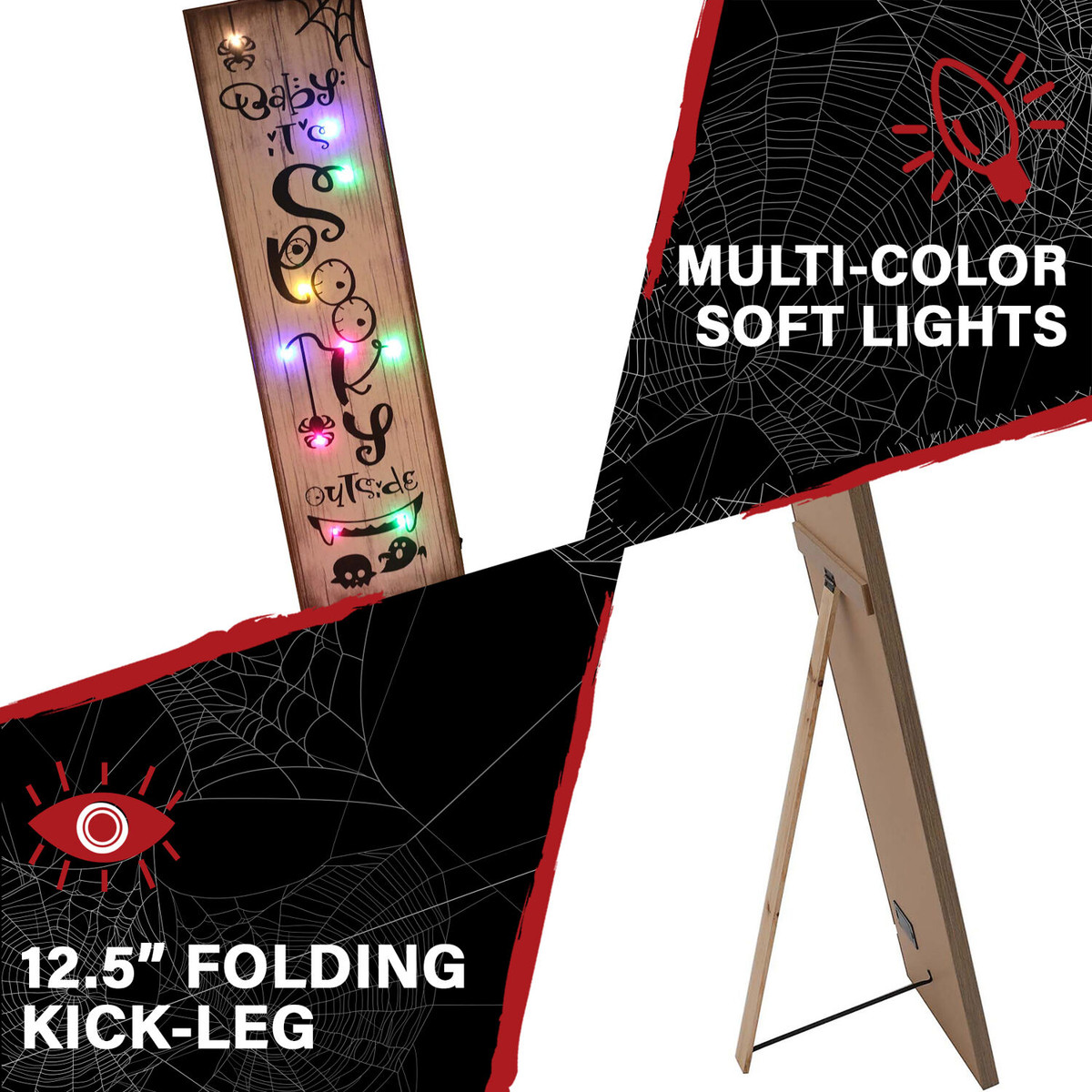 Haunted Hill Farm 45-In. BABY IT'S SPOOKY OUTSIDE Halloween Porch Leaner Sign with LED Lights, Battery Operated, Outdoor Porch Decor, White