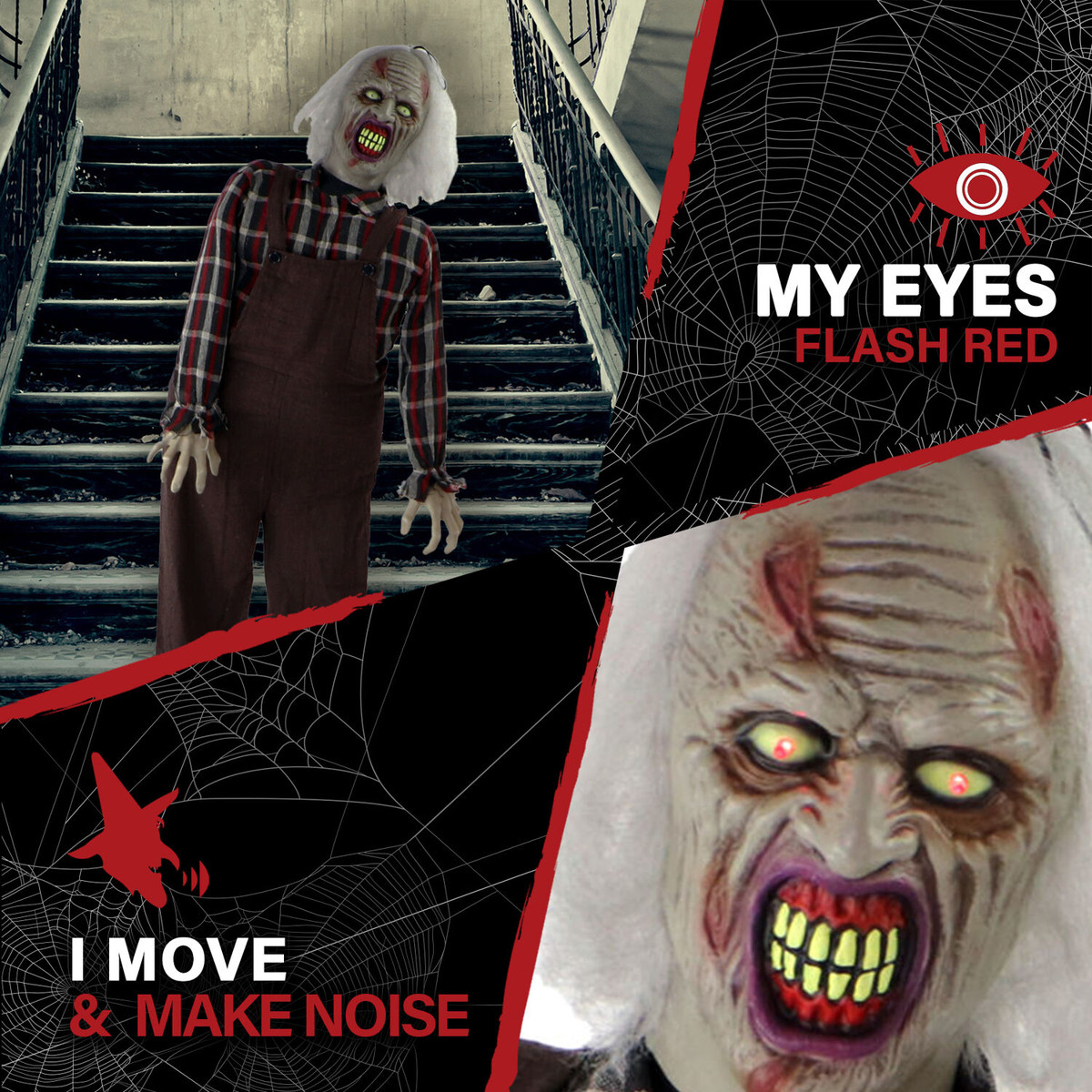 Haunted Hill Farm Life-Size Animatronic Zombie, Indoor/Outdoor Halloween Decoration, Red Flashing Eyes, Moaning, Battery-Operated