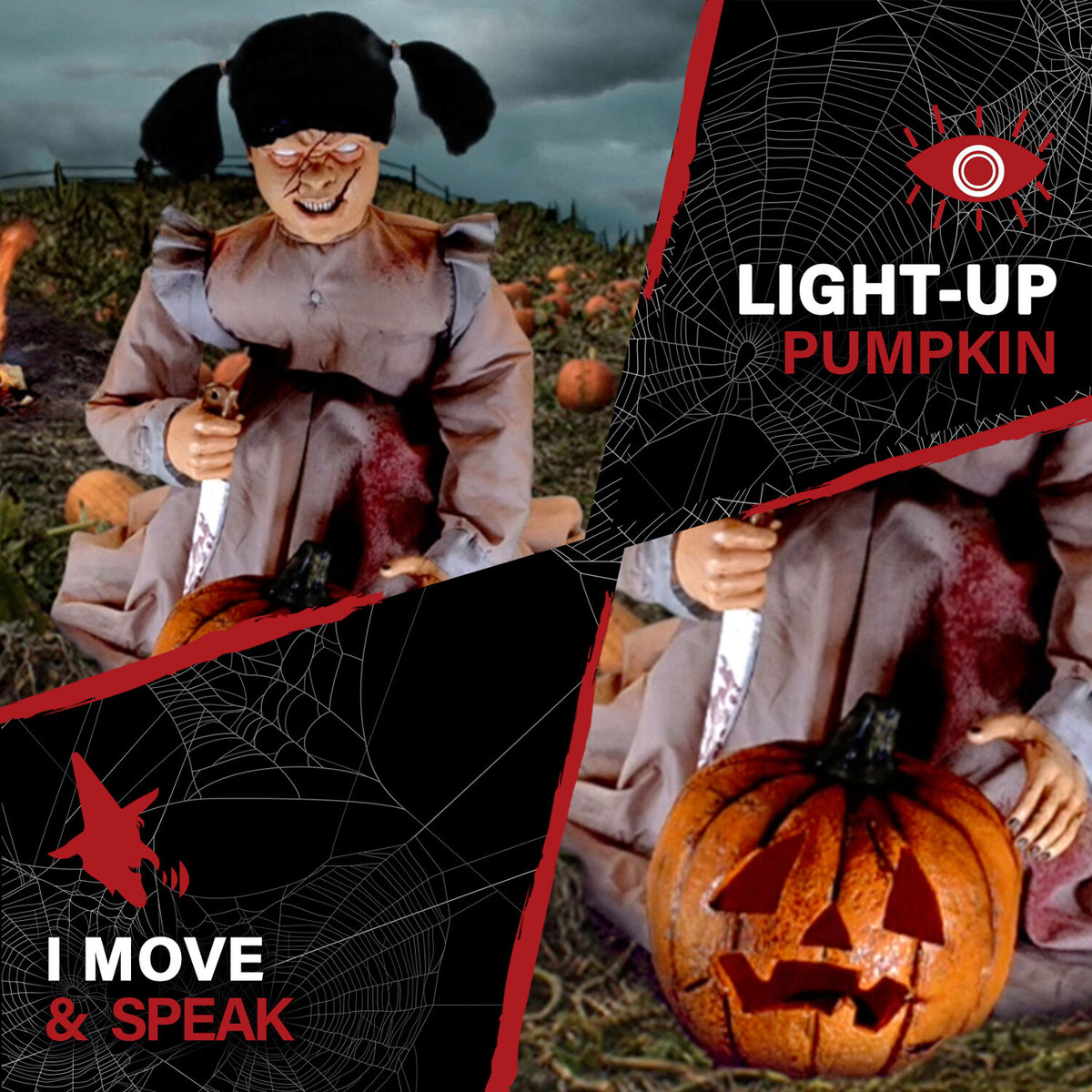 3.2-Ft. Lunging Pumpkin Carver Zombie Girl with Jack O'Lantern by Tekky, Premium Talking Halloween Animatronic