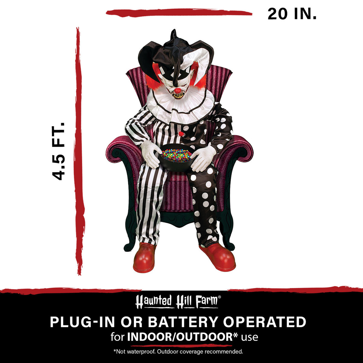 Haunted Hill Farm Motion-Activated Sitting Scare Clown by Tekky, Premium Talking Halloween Animatronic, Plug-In or Battery