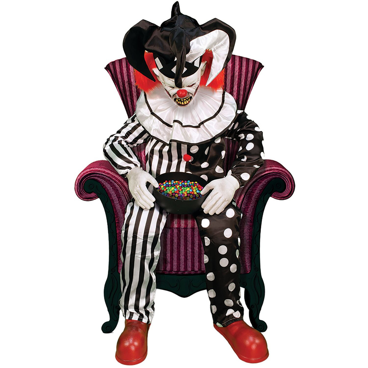 Haunted Hill Farm Motion-Activated Sitting Scare Clown by Tekky, Premium Talking Halloween Animatronic, Plug-In or Battery