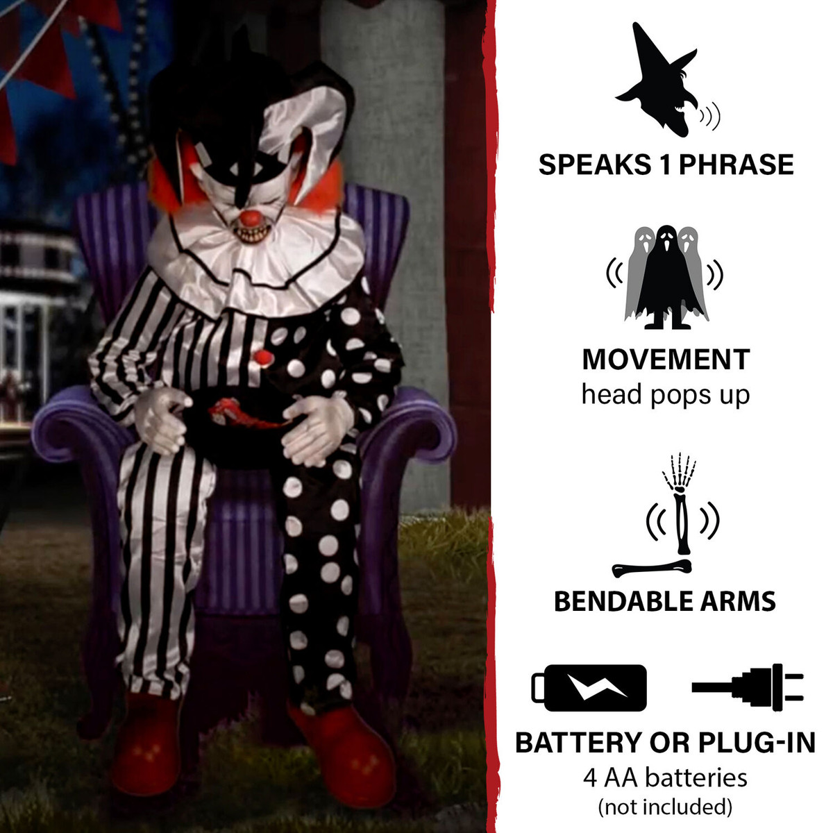 Haunted Hill Farm Motion-Activated Sitting Scare Clown by Tekky, Premium Talking Halloween Animatronic, Plug-In or Battery