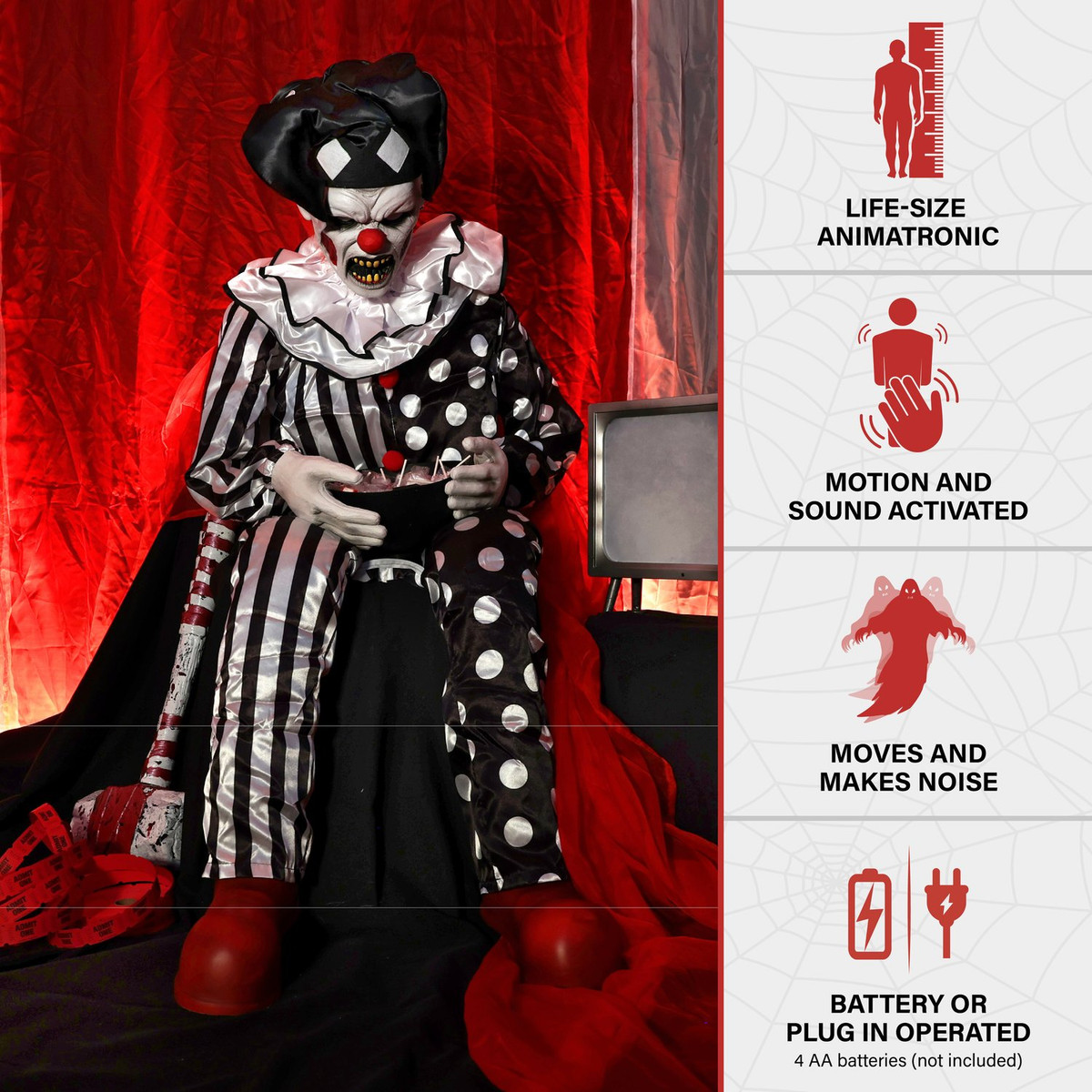 4.5-Ft. Hartley the Sitting Scare Clown by Tekky, Premium Talking Halloween Animatronic, Plug-In or Battery