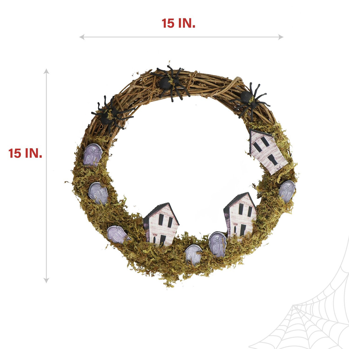 Haunted Hill Farm 15-In. Natural Grapevine Wreath with Spiders, Tombstones, and Haunted Houses for Halloween Door or Wall Decoration