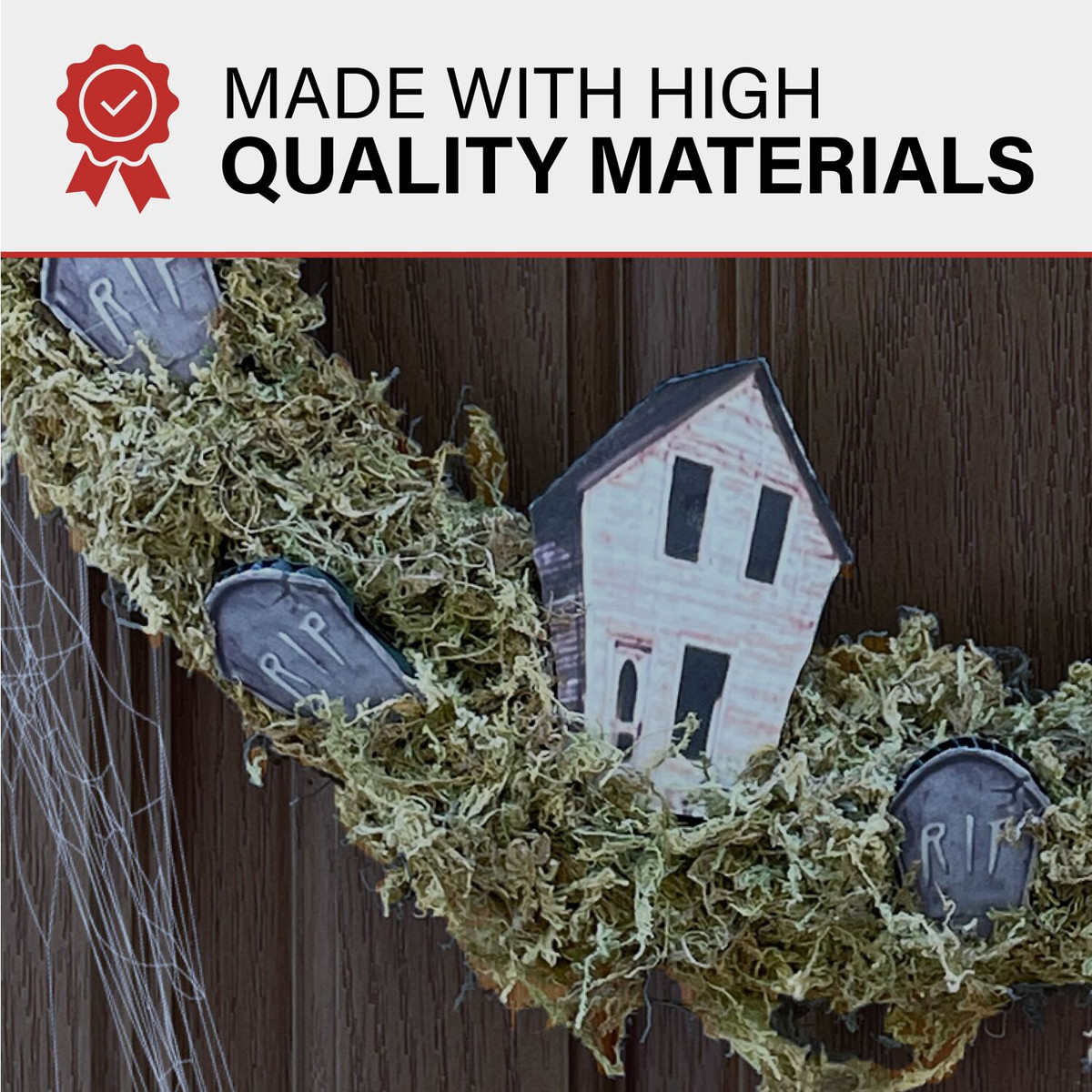 Haunted Hill Farm 15-In. Natural Grapevine Wreath with Spiders, Tombstones, and Haunted Houses for Halloween Door or Wall Decoration