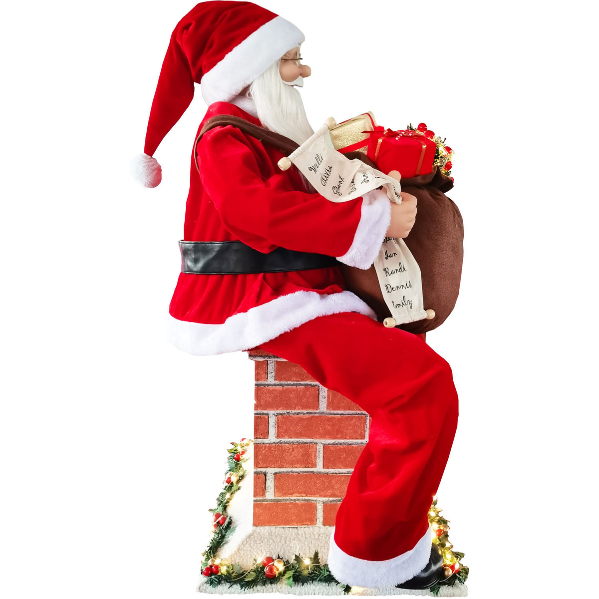 Fraser Hill Farm 48-In. Life-Size Santa in Chimney with Toy Sack and Lights, Motion-Activated Christmas Animatronic