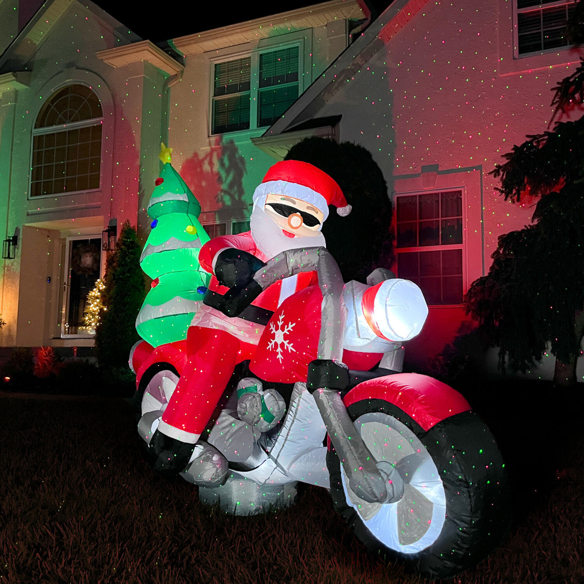 Fraser Hill Farm 7-Ft. Wide Prelit Santa on Motorcycle Inflatable