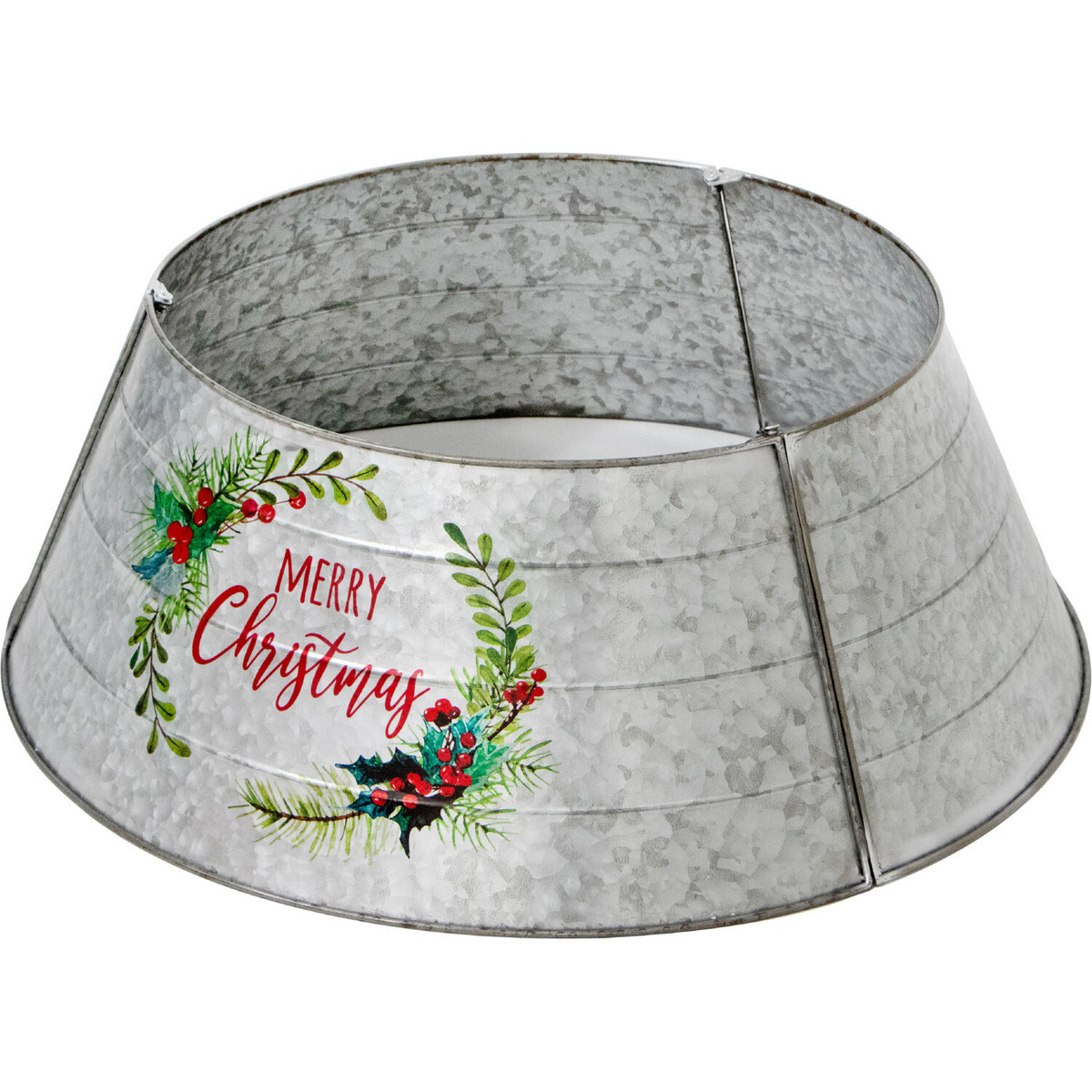 Fraser Hill Farm Metal Christmas Tree Collar with Merry Christmas Greeting and Galvanized Finish