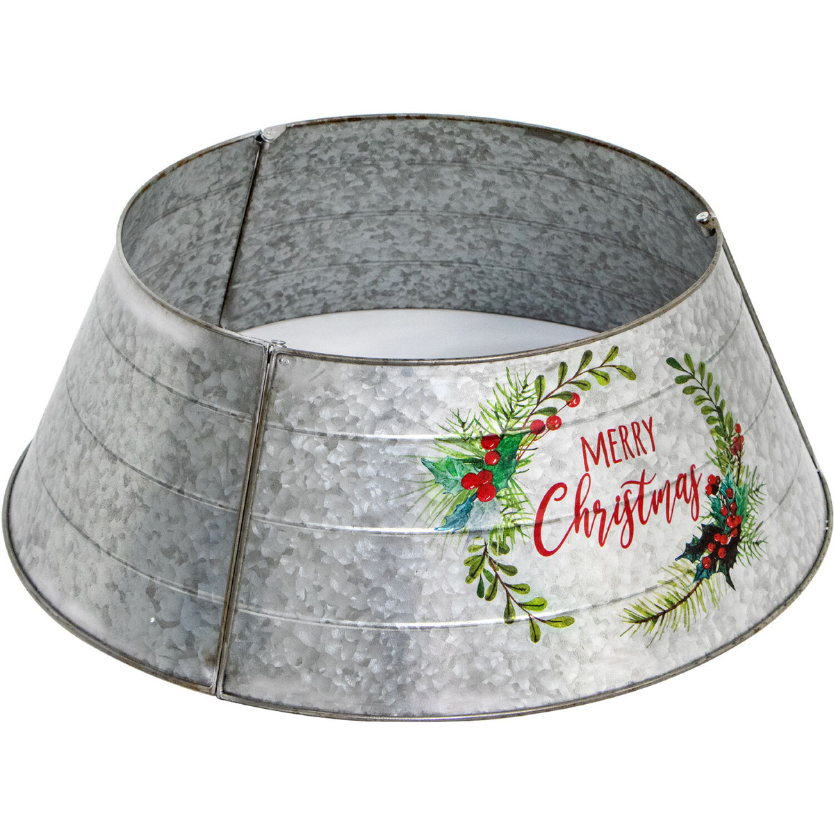 Fraser Hill Farm Metal Christmas Tree Collar with Merry Christmas Greeting and Galvanized Finish