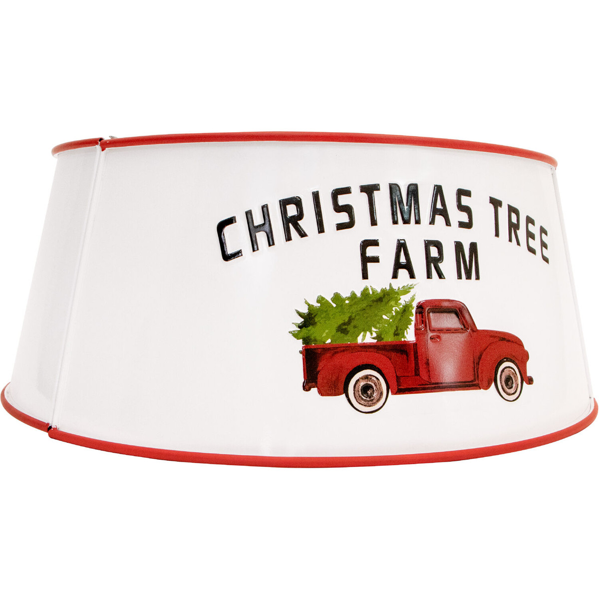 Fraser Hill Farm Metal Christmas Tree Collar with Retro Truck and Tree Design in White