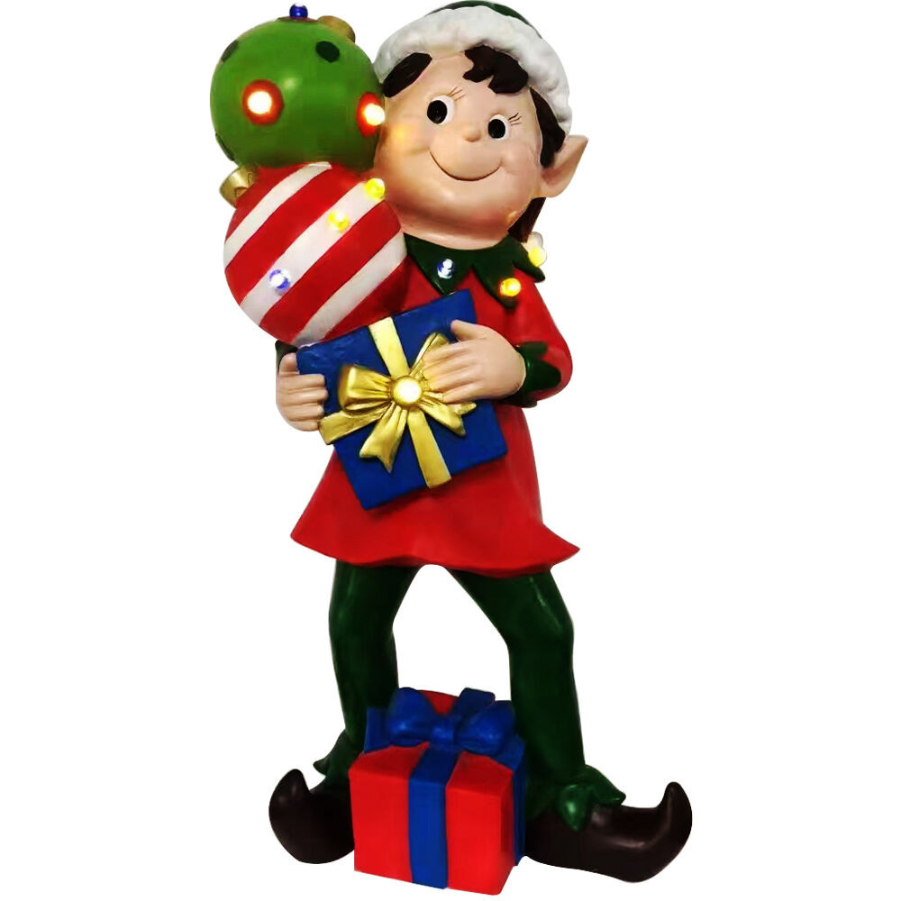 Fraser Hill Farm 30-inch Elf Figurine Holding Presents with Built-in Multicolor LED Lights