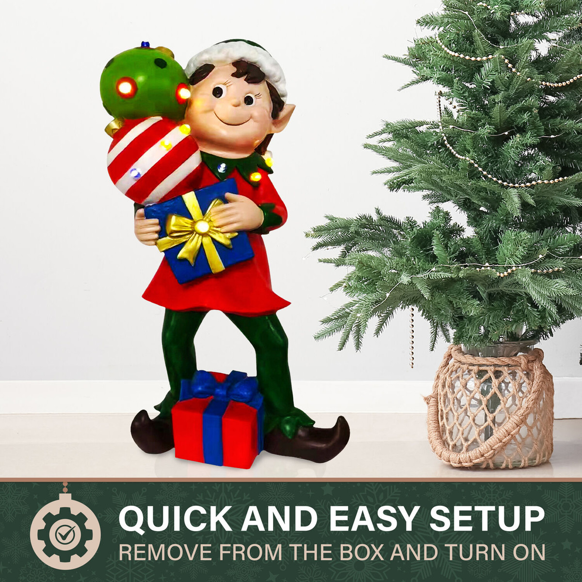 Fraser Hill Farm 30-inch Elf Figurine Holding Presents with Built-in Multicolor LED Lights