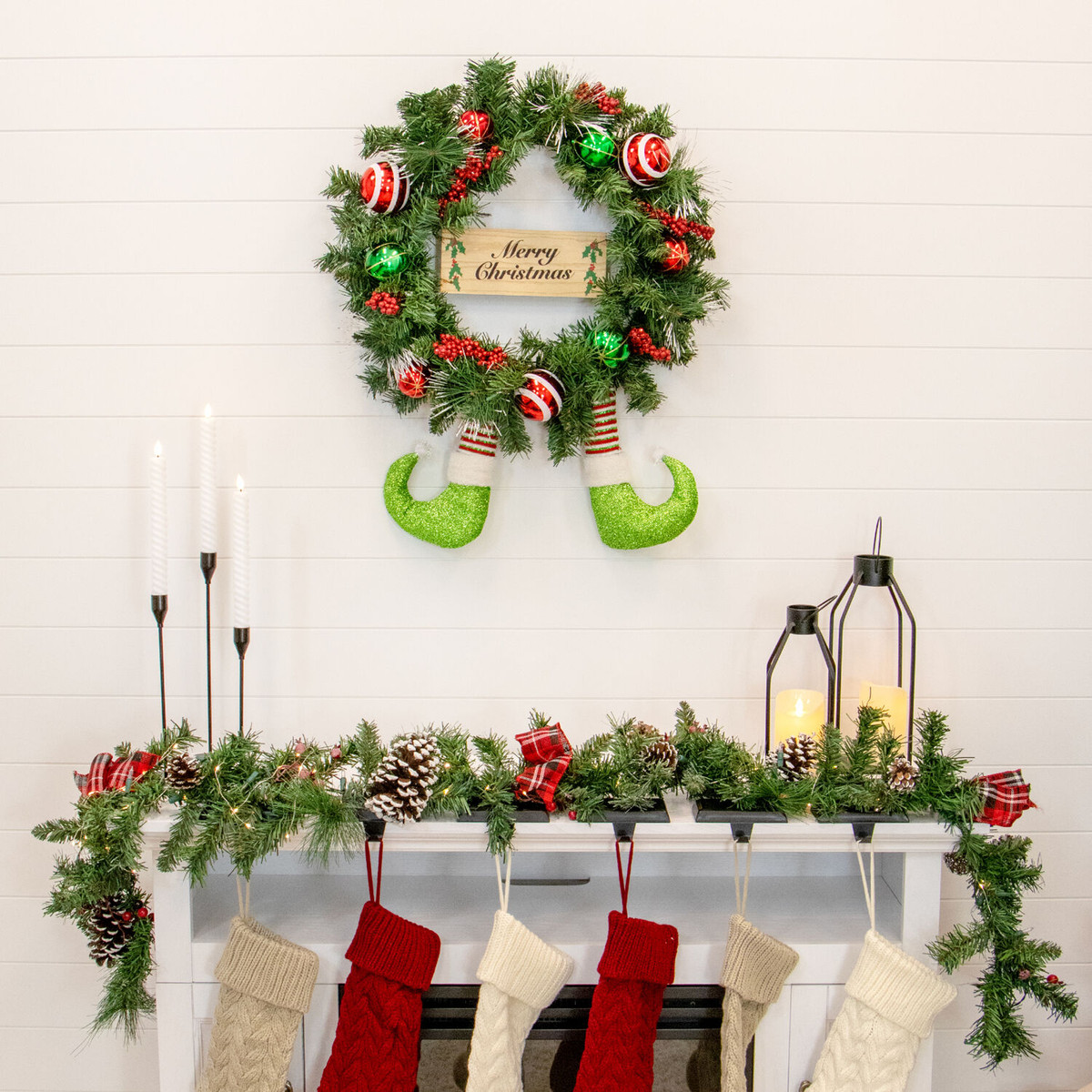 Fraser Hill Farm 24-Inch Elf Boots Pine Wreath with Berries, Balls, and Merry Christmas Sign