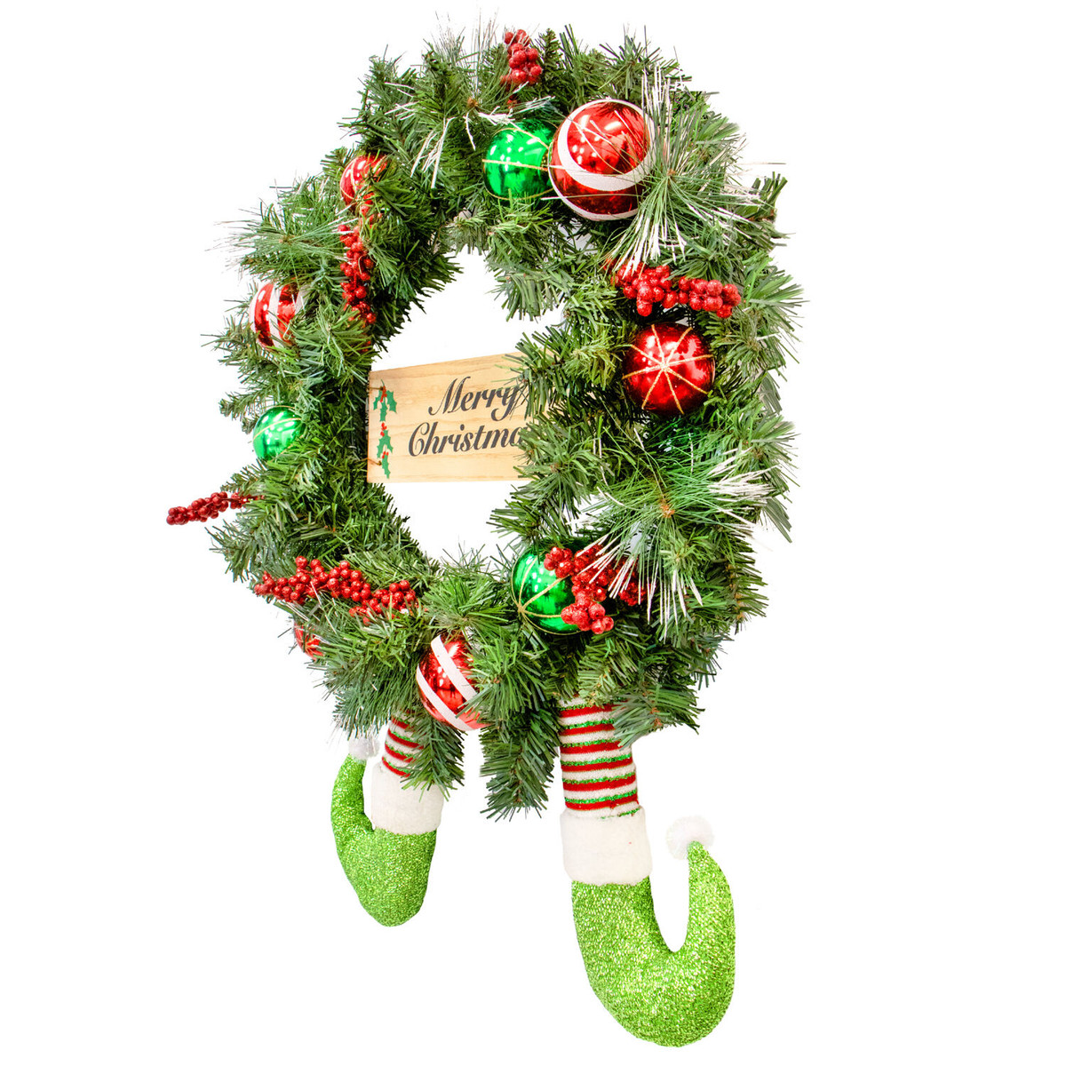 Fraser Hill Farm 24-Inch Elf Boots Pine Wreath with Berries, Balls, and Merry Christmas Sign