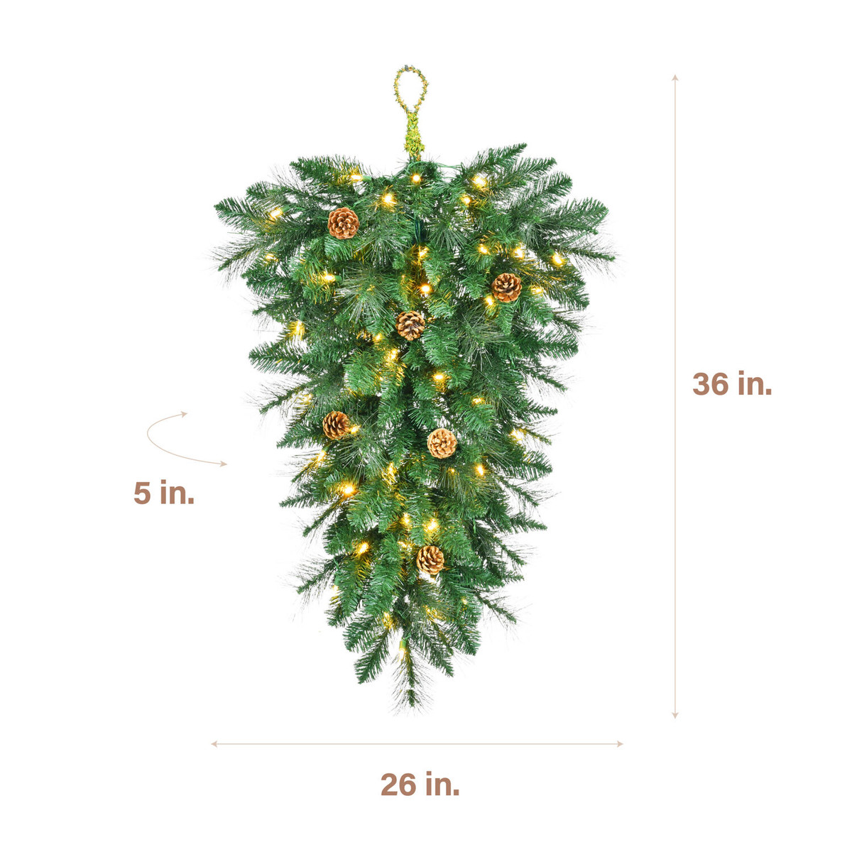 Fraser Hill Farm 36-in. Artificial Pine Teardrop Door Hanging with Pinecones and Warm White LED Lights