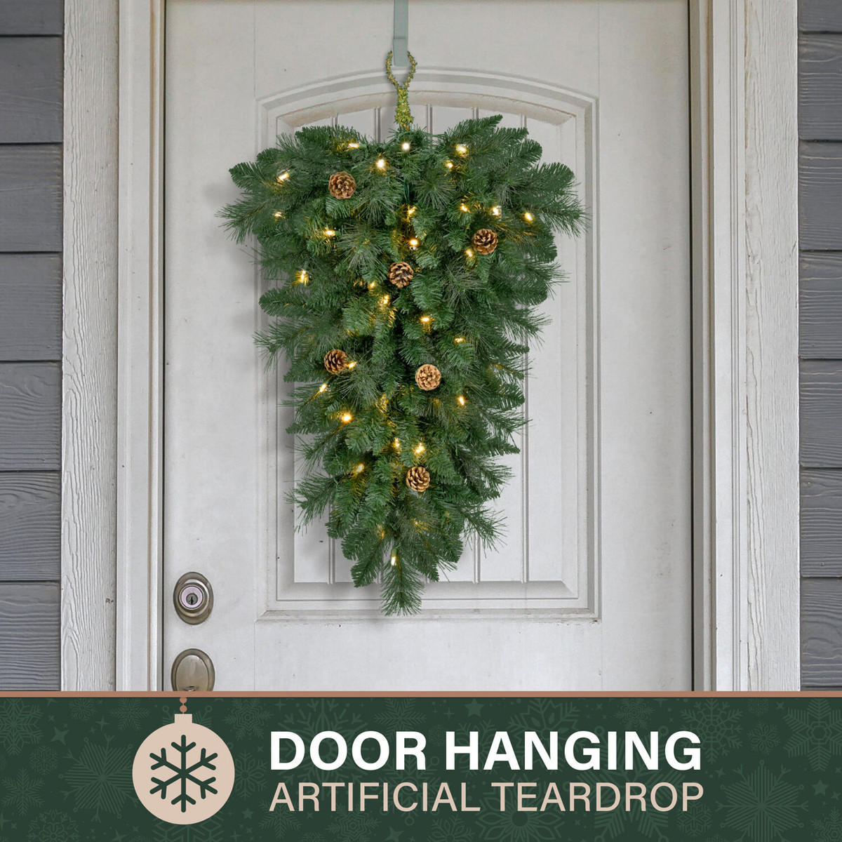 Fraser Hill Farm 36-in. Artificial Pine Teardrop Door Hanging with Pinecones and Warm White LED Lights