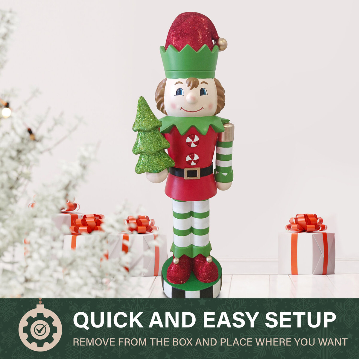 Fraser Hill Farm 36-inch Elf Nutcracker Figurine Holding Tree in Red/Green