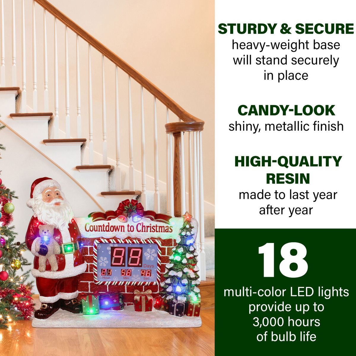 Fraser Hill Farm Indoor/Outdoor Oversized Christmas Decor with Long-Lasting LED Lights, Musical Countdown Clock with Santa, Tree, and Presents