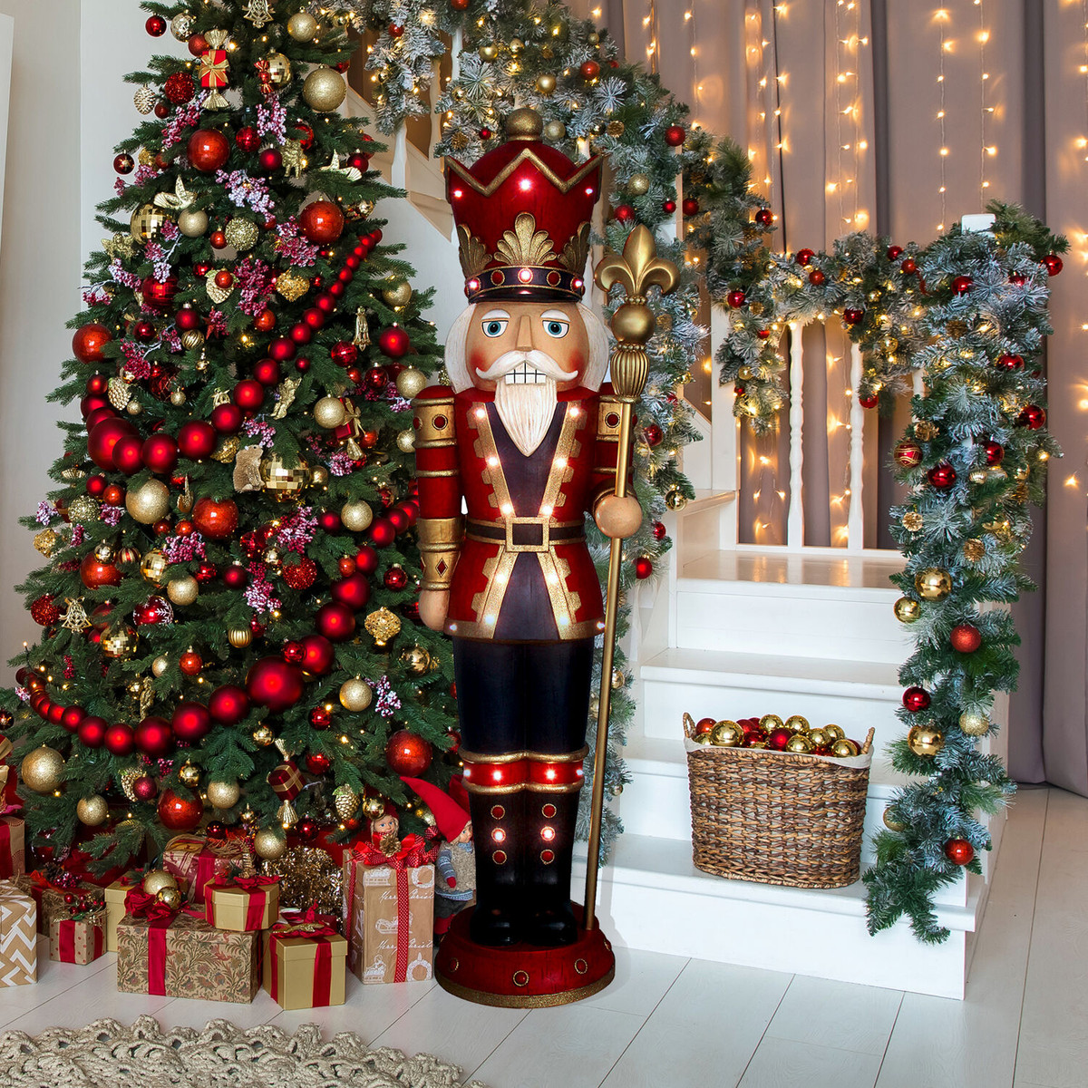Fraser Hill Farm 5-Ft. Indoor/Outdoor Musical Nutcracker Statue with LED Lights and Timer