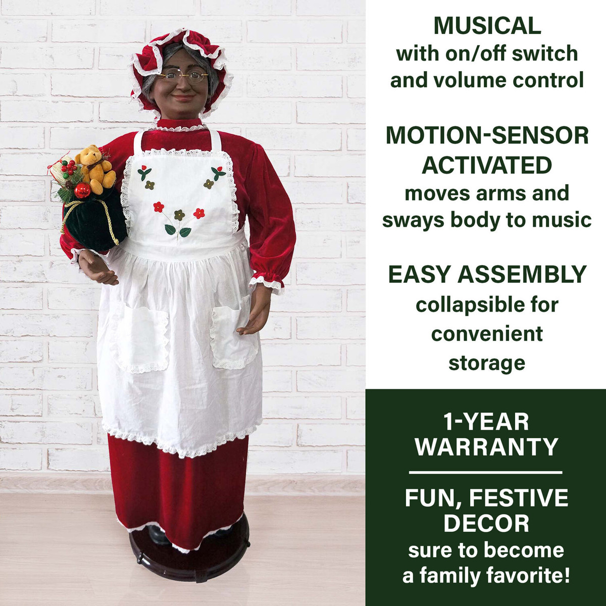 Fraser Hill Farm 58-In. African American Dancing Mrs. Claus with Apron and Gift Sack, Life-Size Motion-Activated Christmas Animatronic