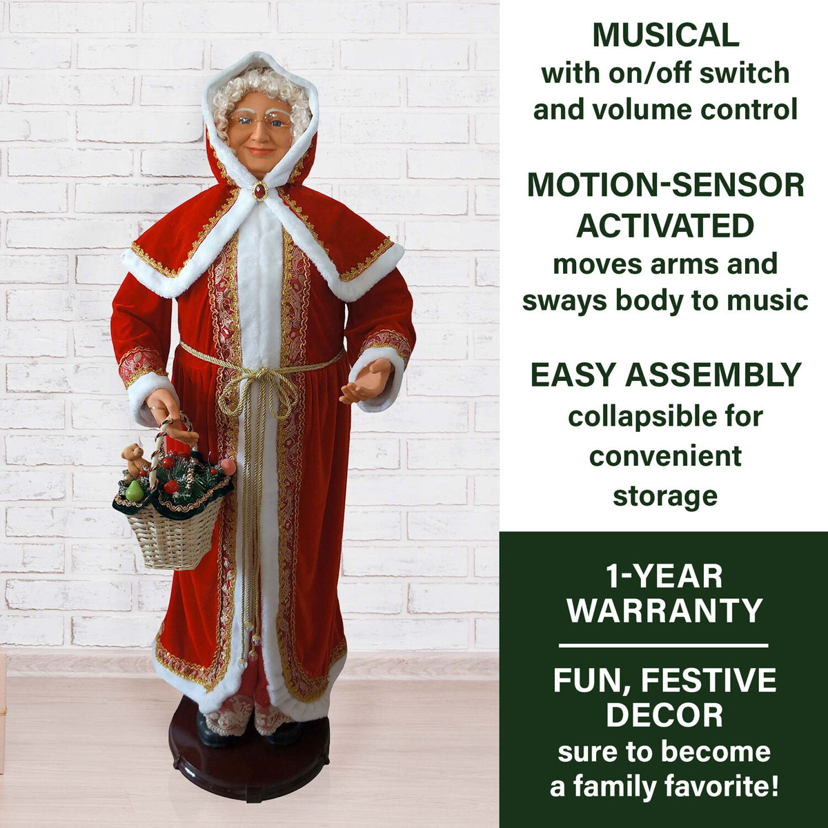 Fraser Hill Farm 58-In. Dancing Mrs. Claus with Hooded Cloak and Basket, Life-Size Motion-Activated Christmas Animatronic