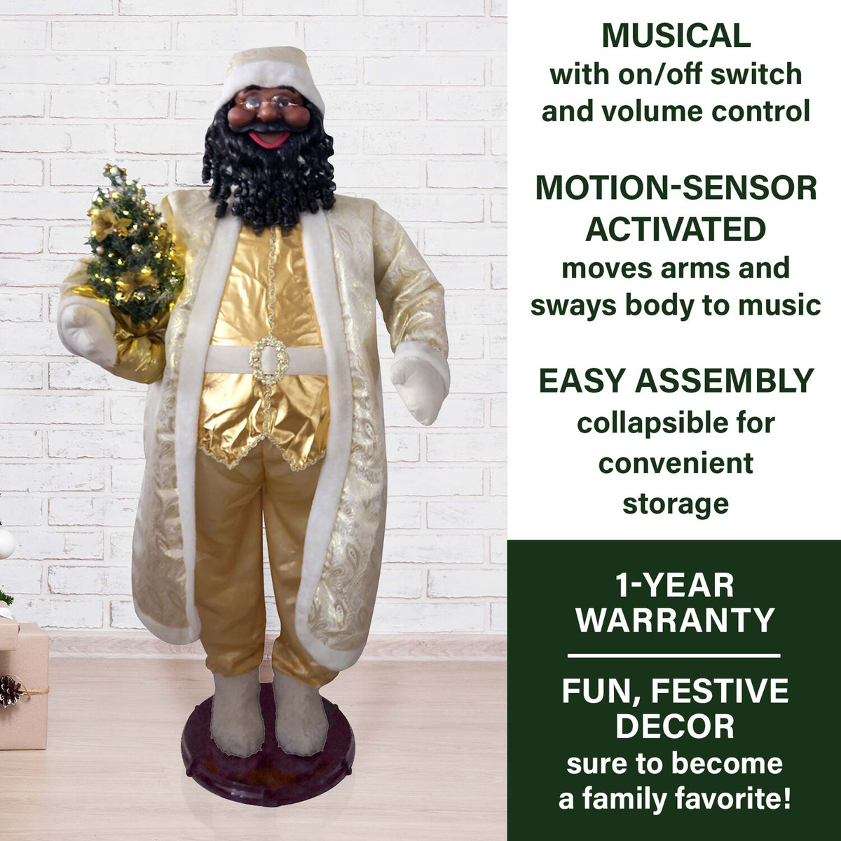 Fraser Hill Farm 58-In. African American Dancing Santa in Gold Coat w/ Prelit Christmas Tree, Life-Size Motion-Activated Christmas Animatronic