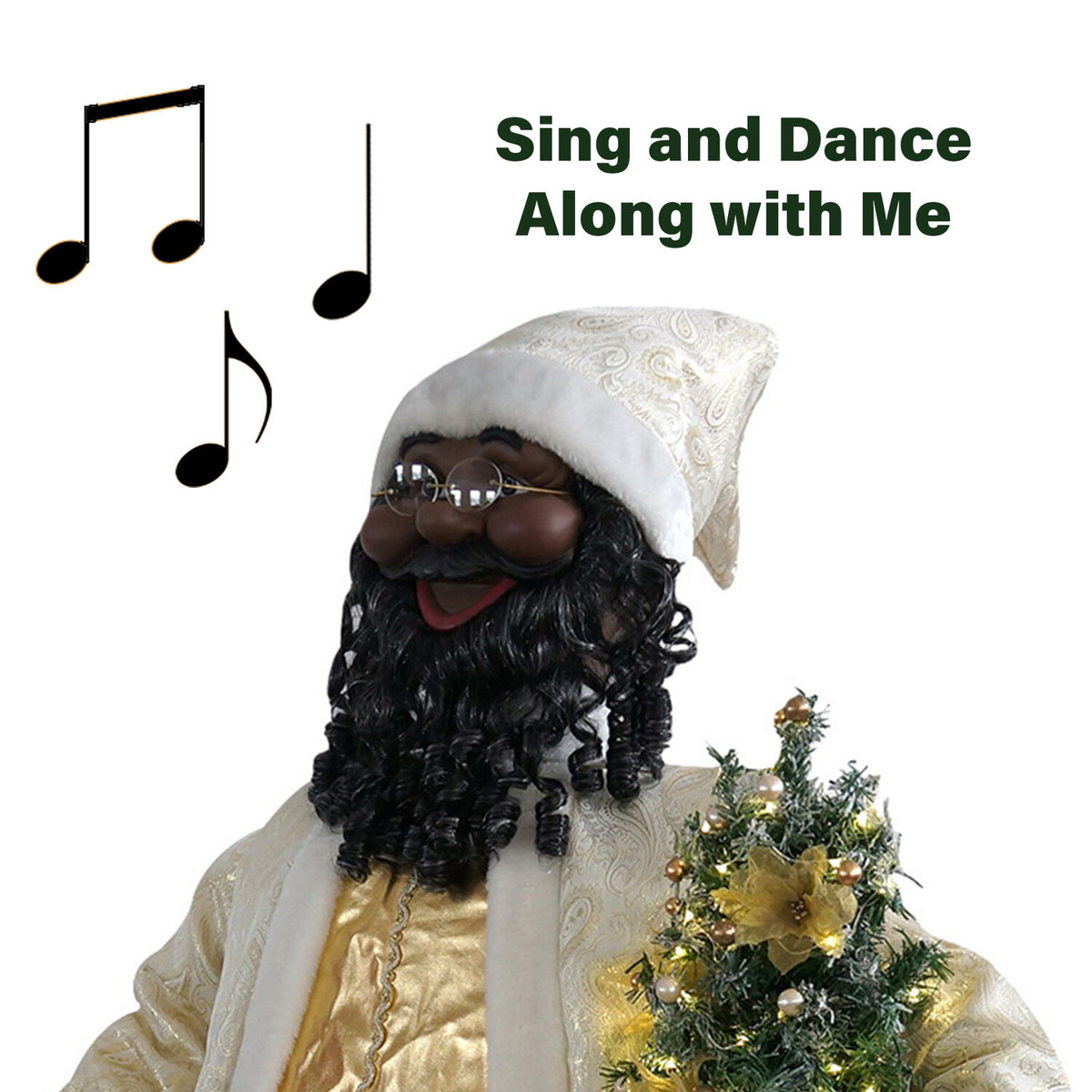 Fraser Hill Farm 58-In. African American Dancing Santa in Gold Coat w/ Prelit Christmas Tree, Life-Size Motion-Activated Christmas Animatronic