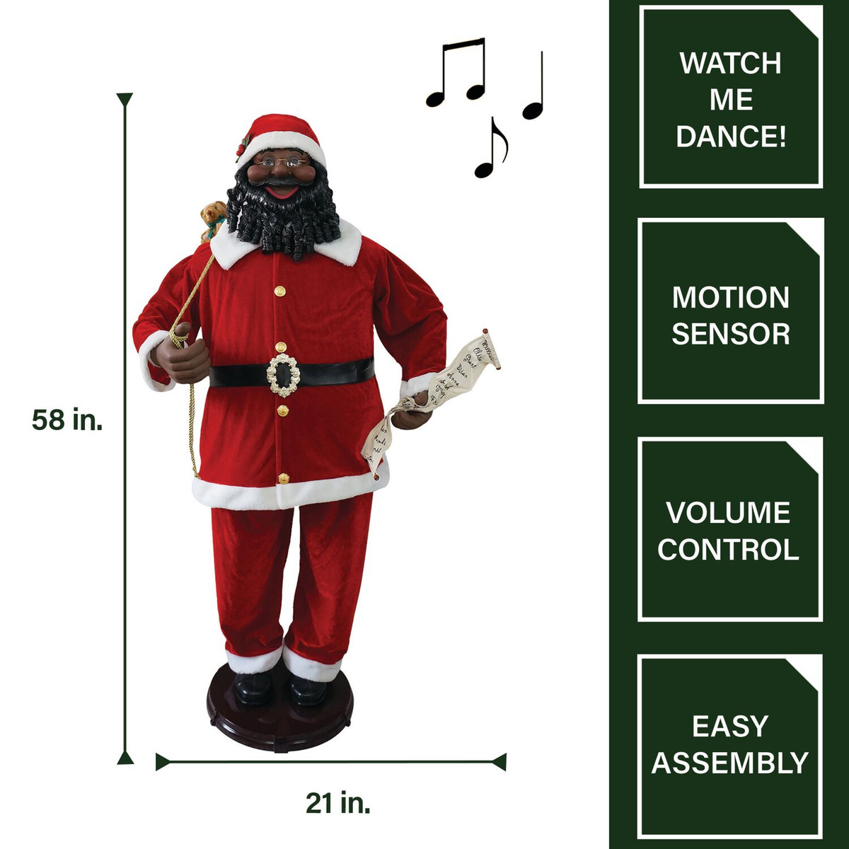 Fraser Hill Farm 58-In. African American Dancing Santa with Naughty & Nice List, Life-Size Motion-Activated Christmas Animatronic