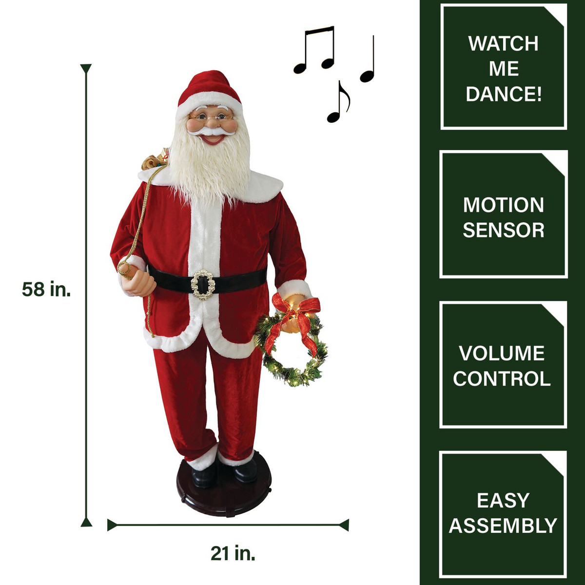 Fraser Hill Farm 58-In. Traditional Dancing Santa with Wreath and Gift Sack, Life-Size Motion-Activated Christmas Animatronic