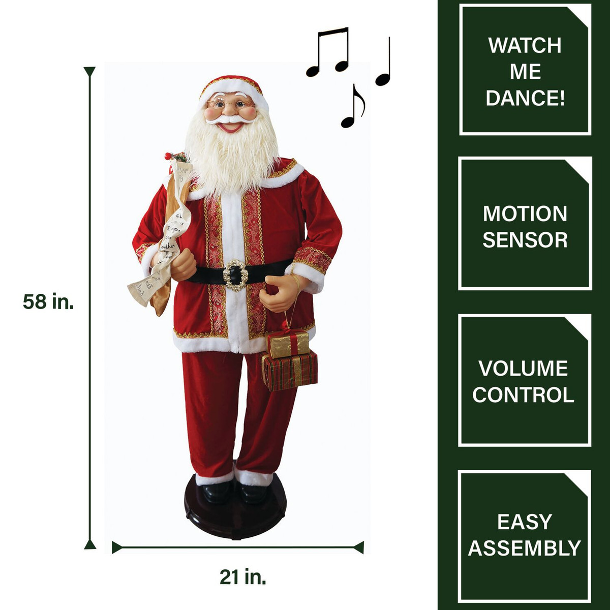 Fraser Hill Farm 58-In. Dancing Santa with Naughty & Nice List, Gifts and Toy Sack, Life-Size Motion-Activated Christmas Animatronic