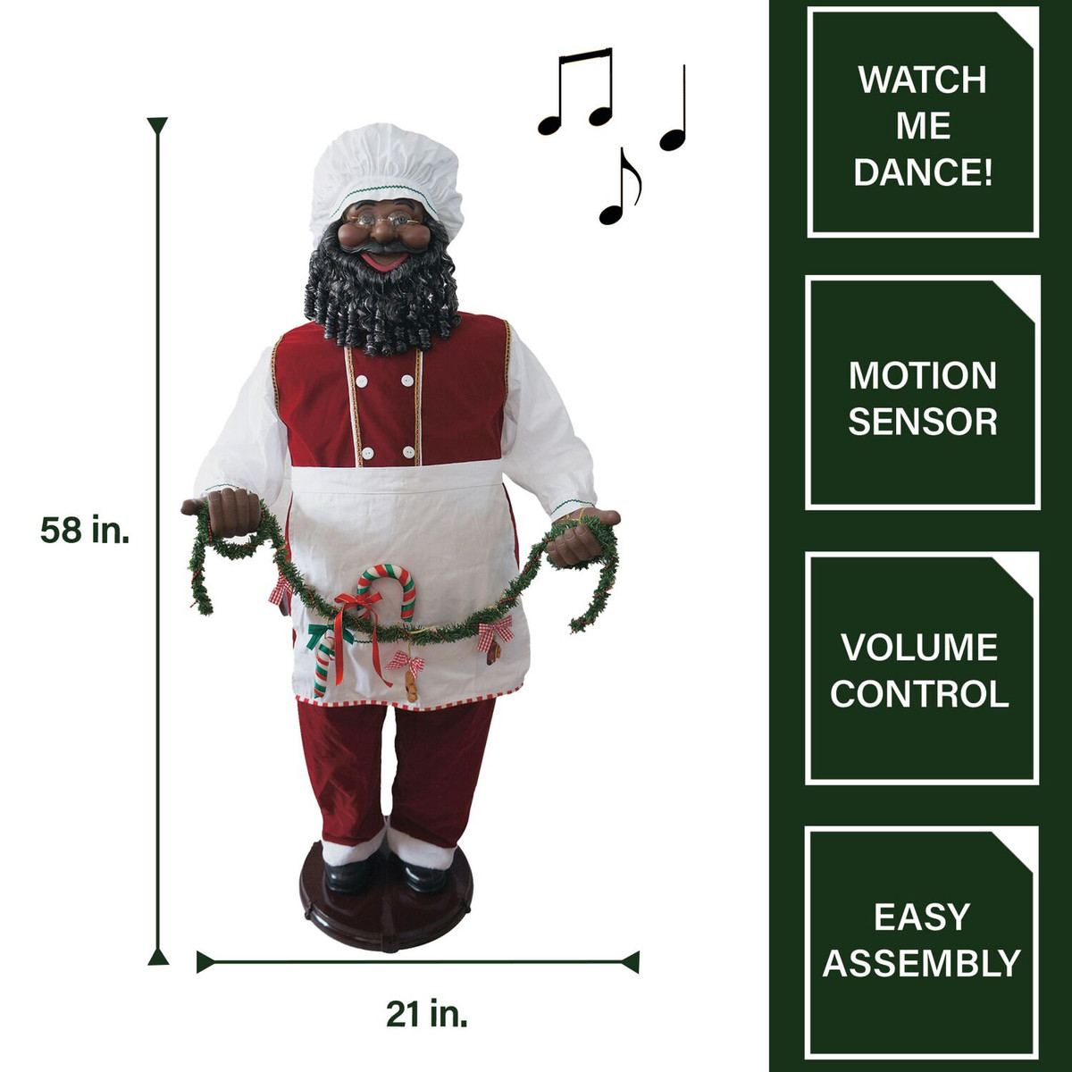 Fraser Hill Farm 58-In. African American Dancing Santa w/ Apron and Christmas Cookie Garland, Life-Size Motion-Activated Christmas Animatronic