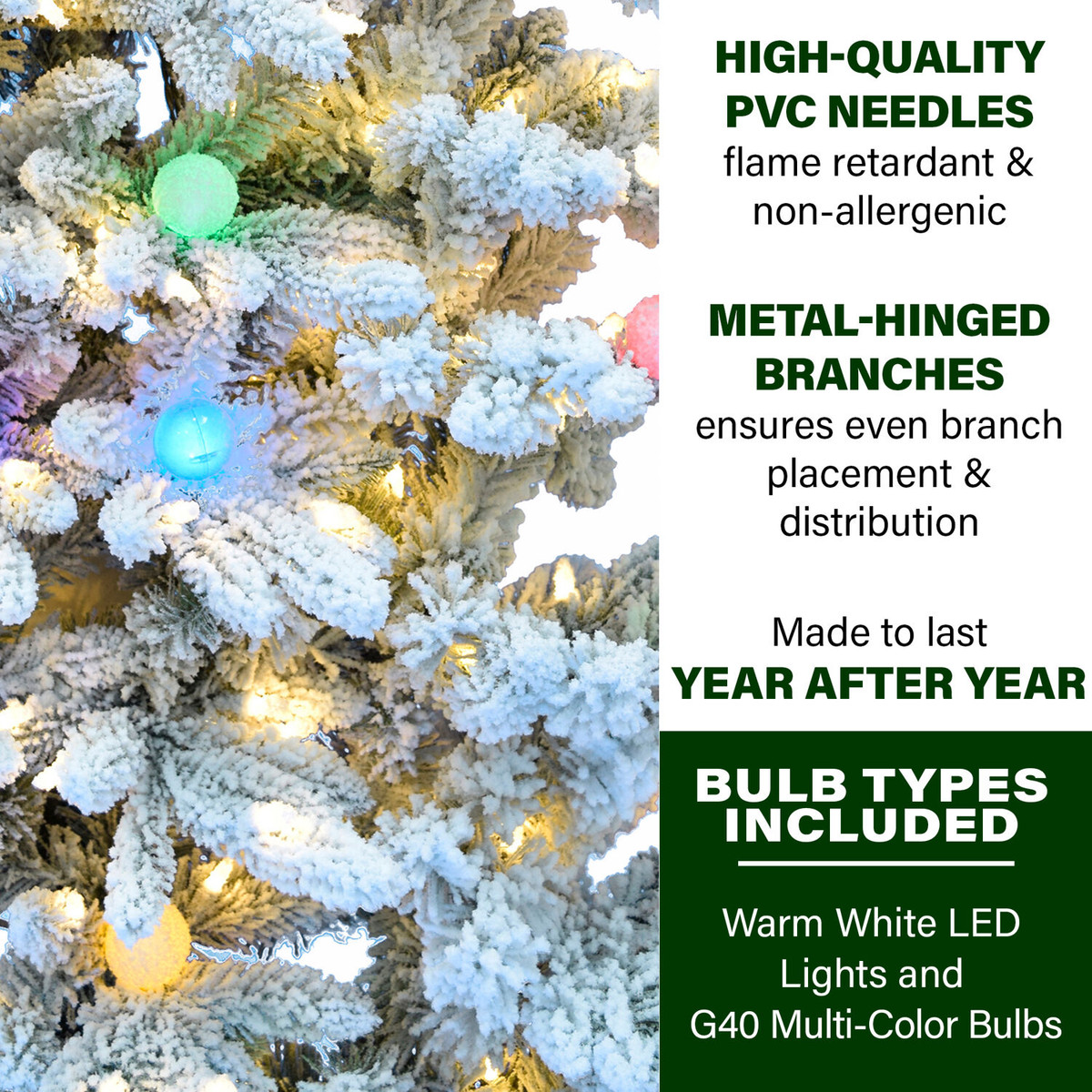 Fraser Hill Farm 6.5-ft. Snowy Christmas Half Tree with Flock, Warm White LED, and Frosted G40 Multicolored Lighting