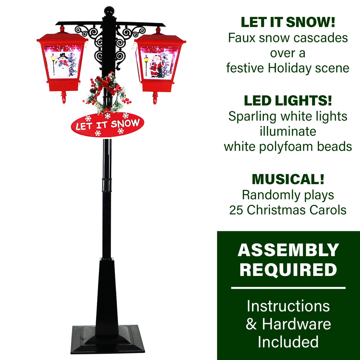 Fraser Hill Farm Let It Snow Series 71-In. Dual-Lantern Street Lamp w/ Santa, Snowman, 1 Sign, Cascading Snow, Christmas Music, Red/Black