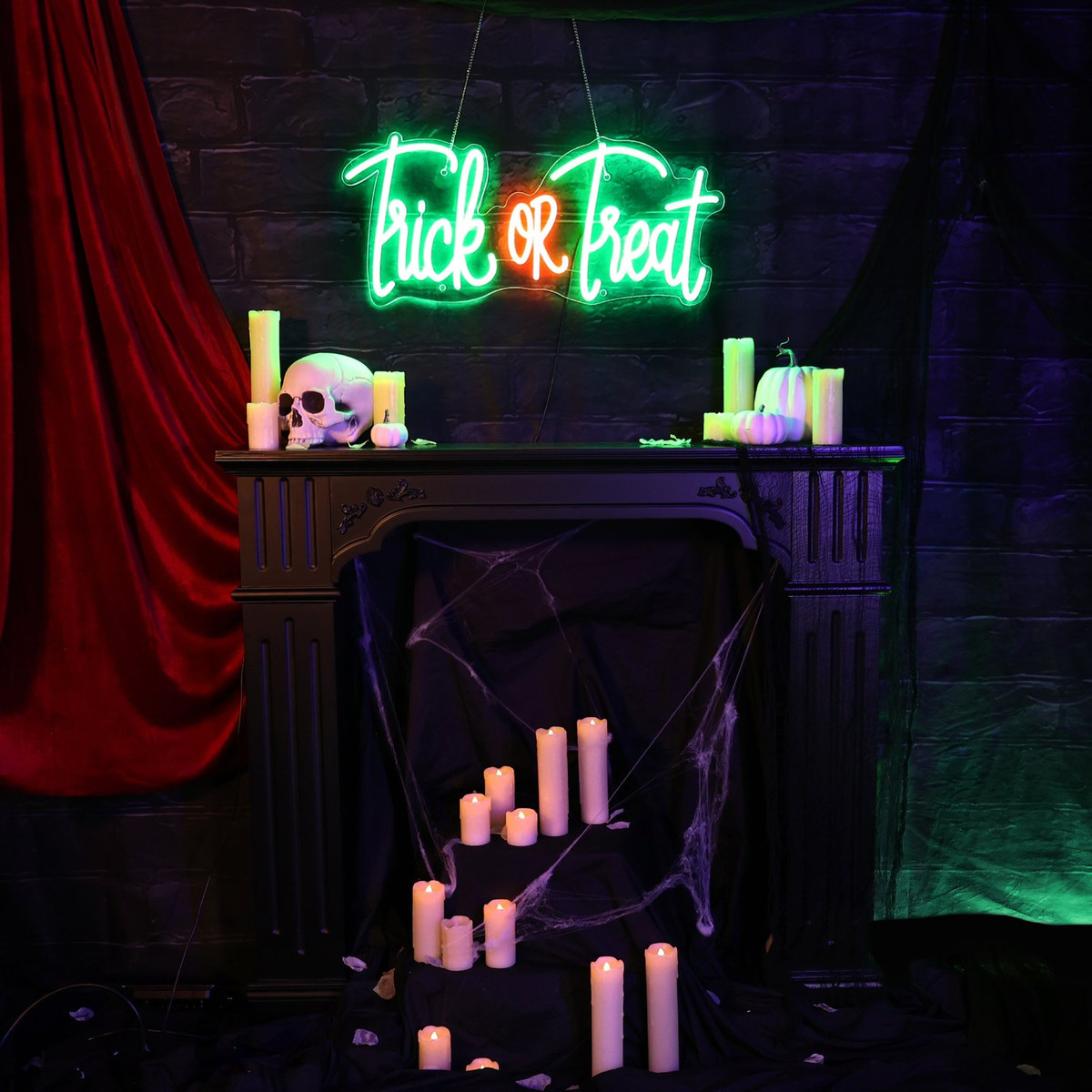 1-Ft. Neon Green & Red LED Trick or Treat Wall Decoration for Indoors & Covered Outdoors, Plug Operated