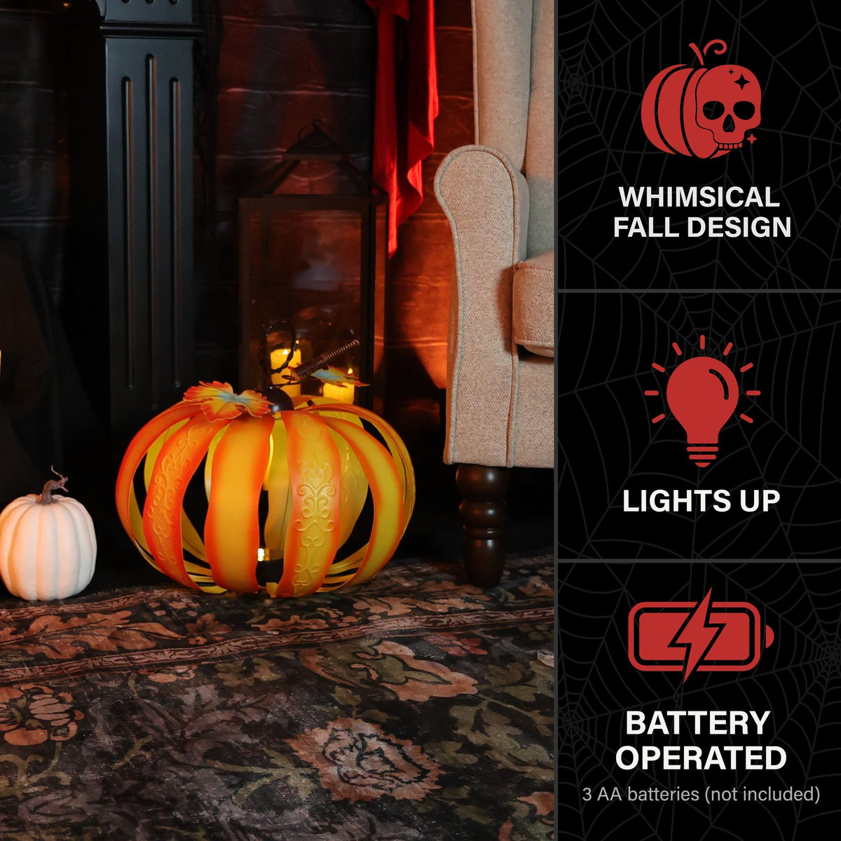 1.2-Ft. Metal LED 3D Pumpkin Lantern Decoration for Indoors & Covered Outdoors, Battery Operated (3 AA)