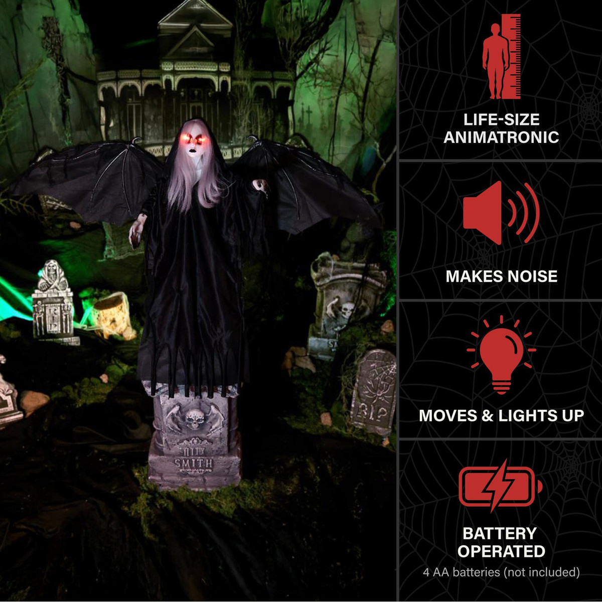 3.1-Ft. Creepy Girl Rising From Tombstone with Animated Wings Animatronic