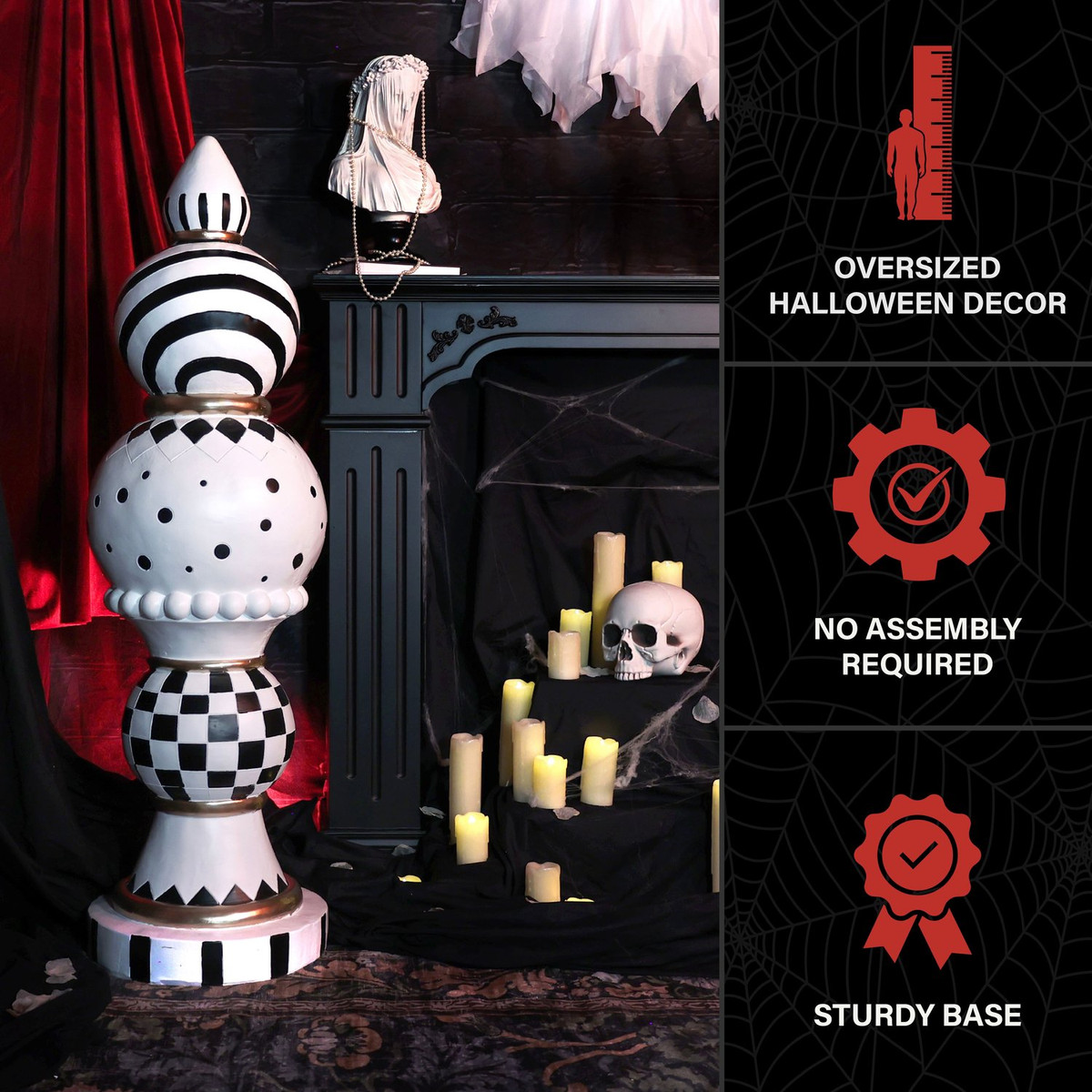 3.9-Ft. Halloween Finial with Black & White Polka Dot, Checkerboard & Swirl