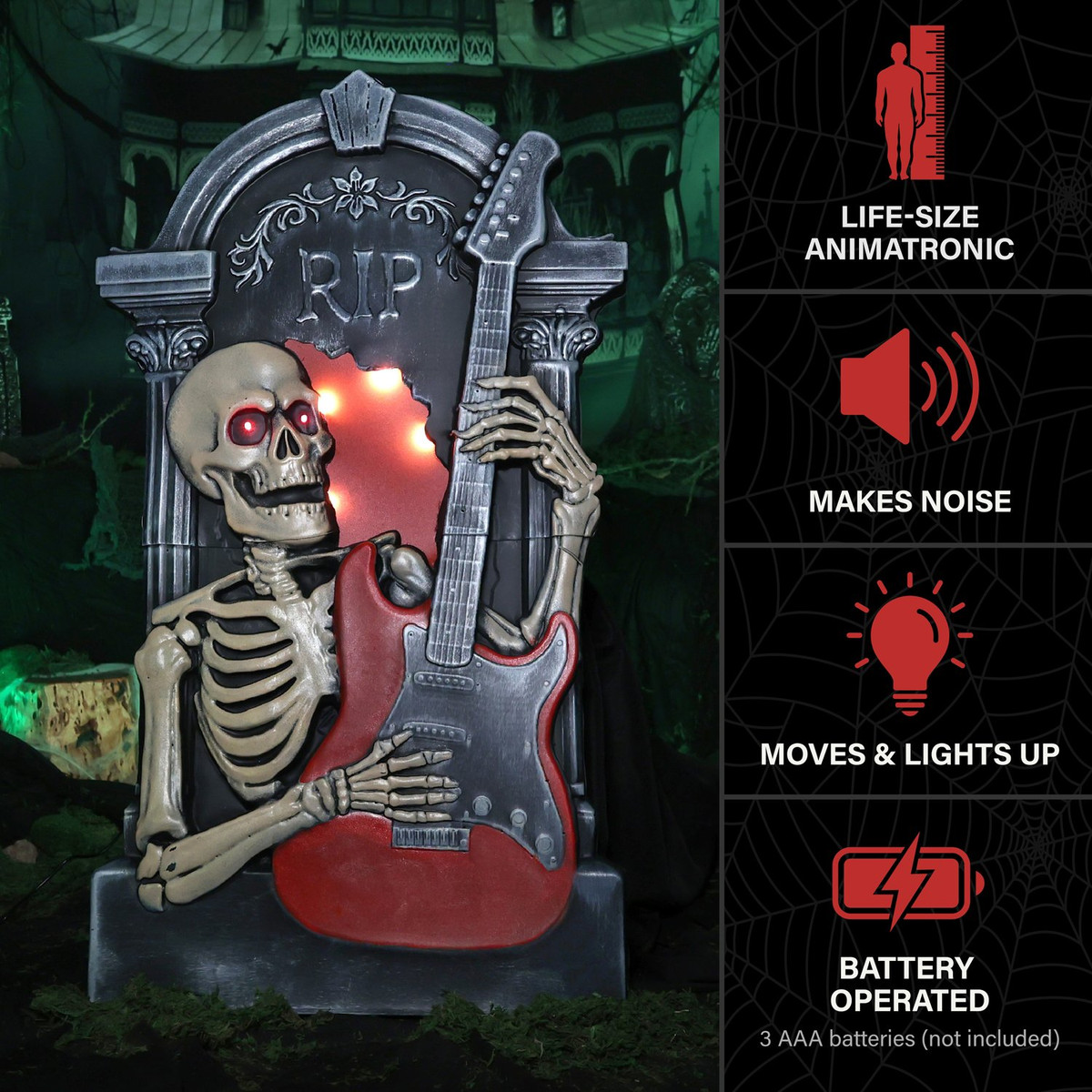 3-Ft. Tombstone Skeleton with Guitar Animatronic with Light and Music