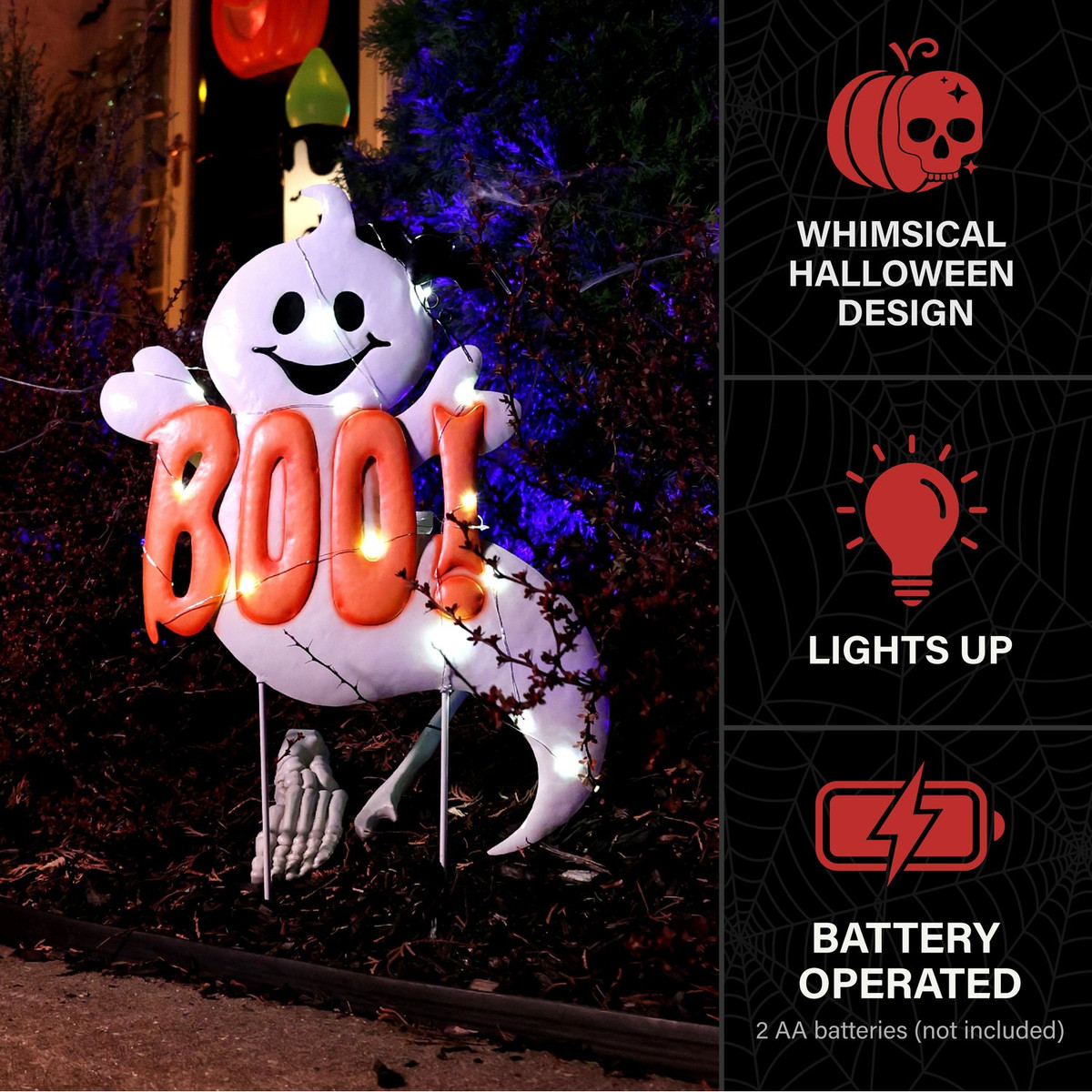 2-Ft. LED White Happy Halloween Sign with Ghosts & Stake for Indoors & Covered Outdoors, (2 AA)