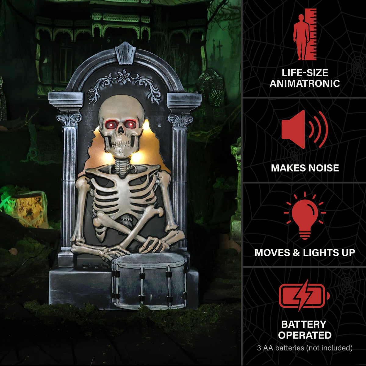 3-Ft. Tombstone Skeleton with Drum Animatronic with Light and Music